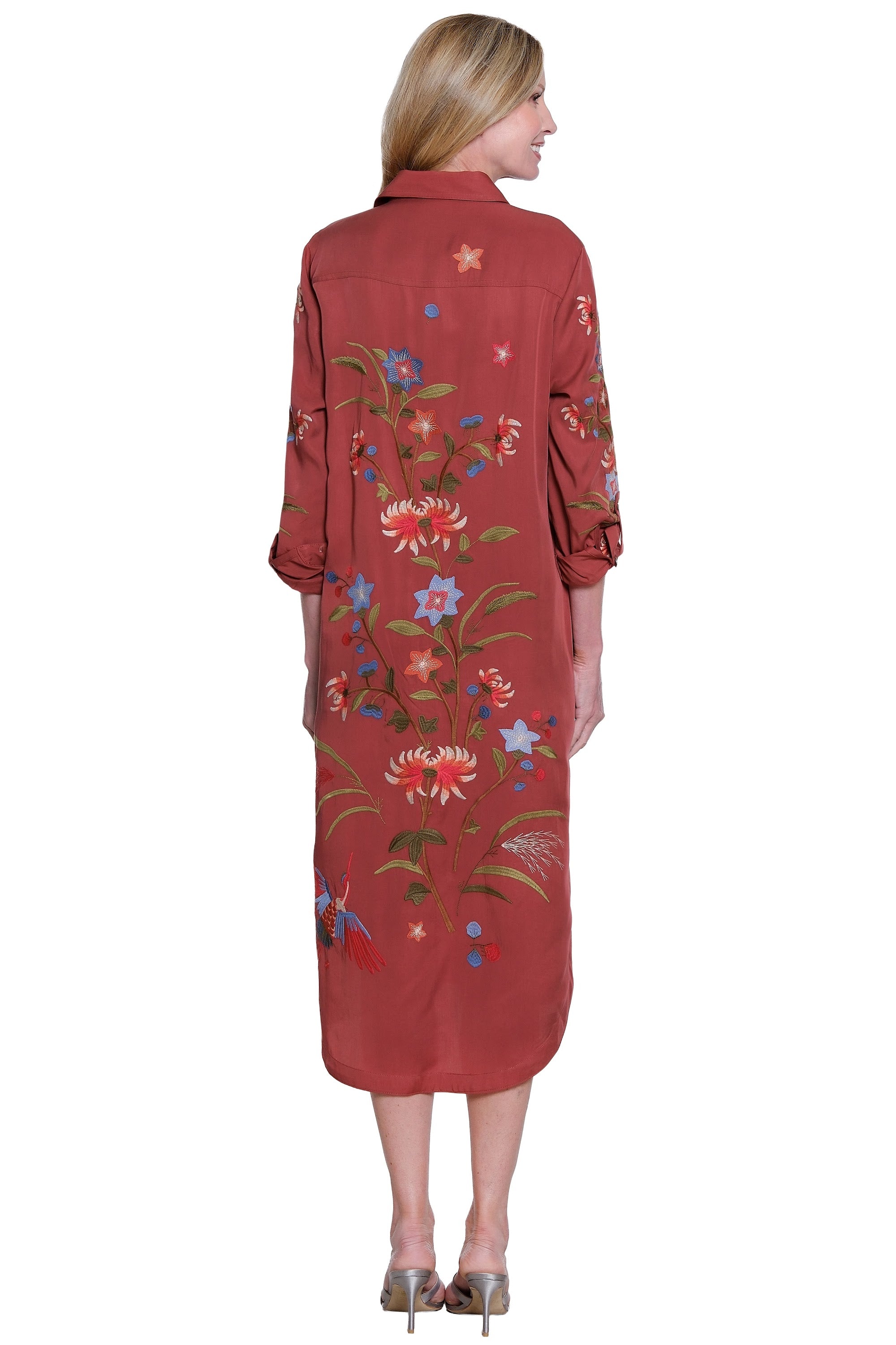 Embroidered Long Sleeve Roll Tab Button Front Dress with Patch Pockets - Dark Red - view 2