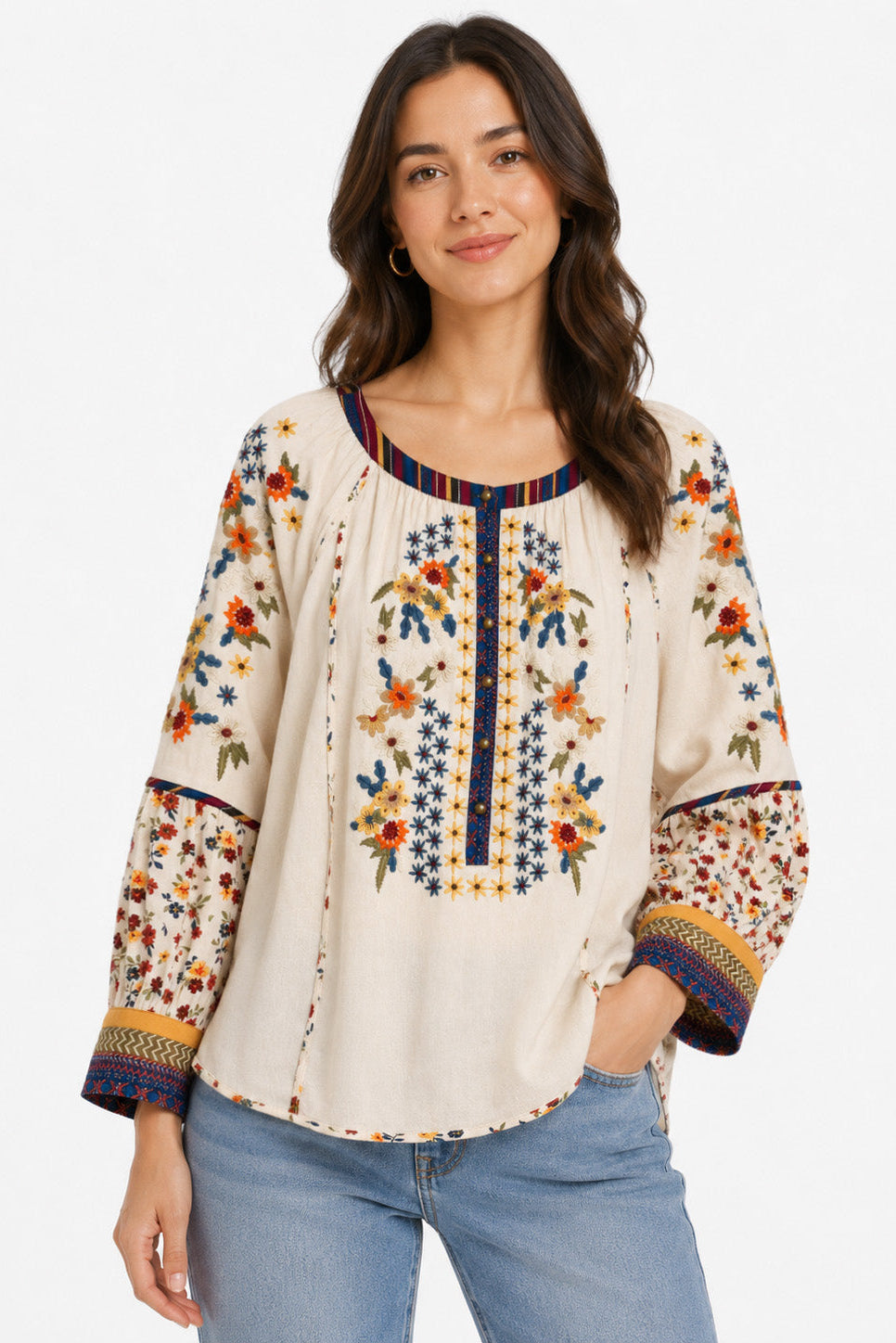 Embroidered Elbow Sleeve Button Front Popover Top - Cream