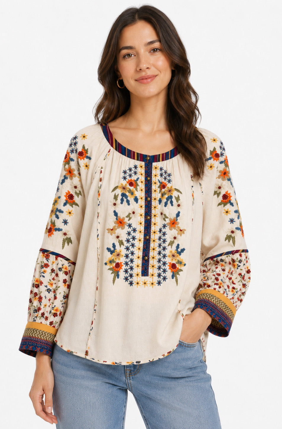 Embroidered Elbow Sleeve Button Front Popover Top - Plus - Cream