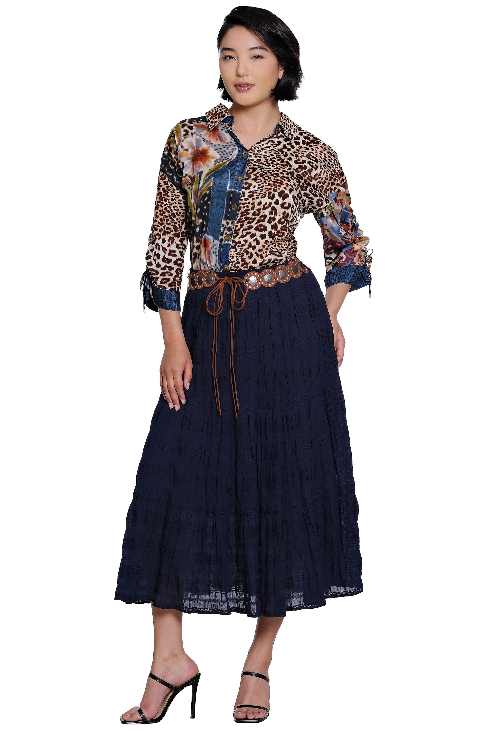 Textured Tiered Pull On Skirt with Belt - Navy