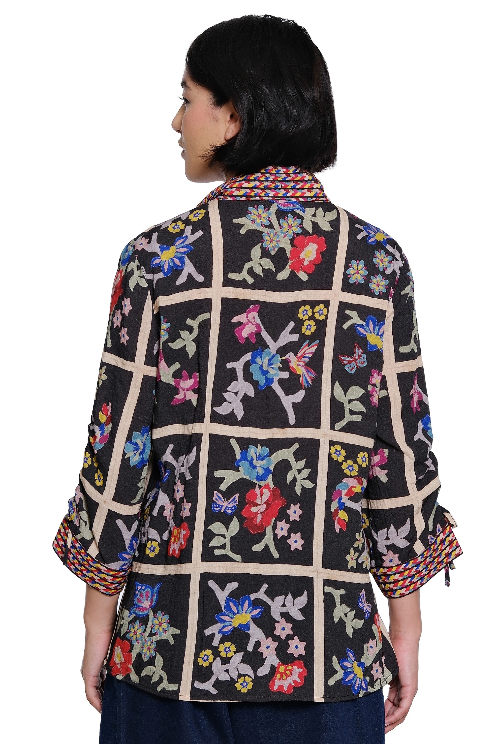 Floral Print 3/4 Cinch Sleeve Button Down Blouse with Wire Collar - Plus - Black Print - view 2