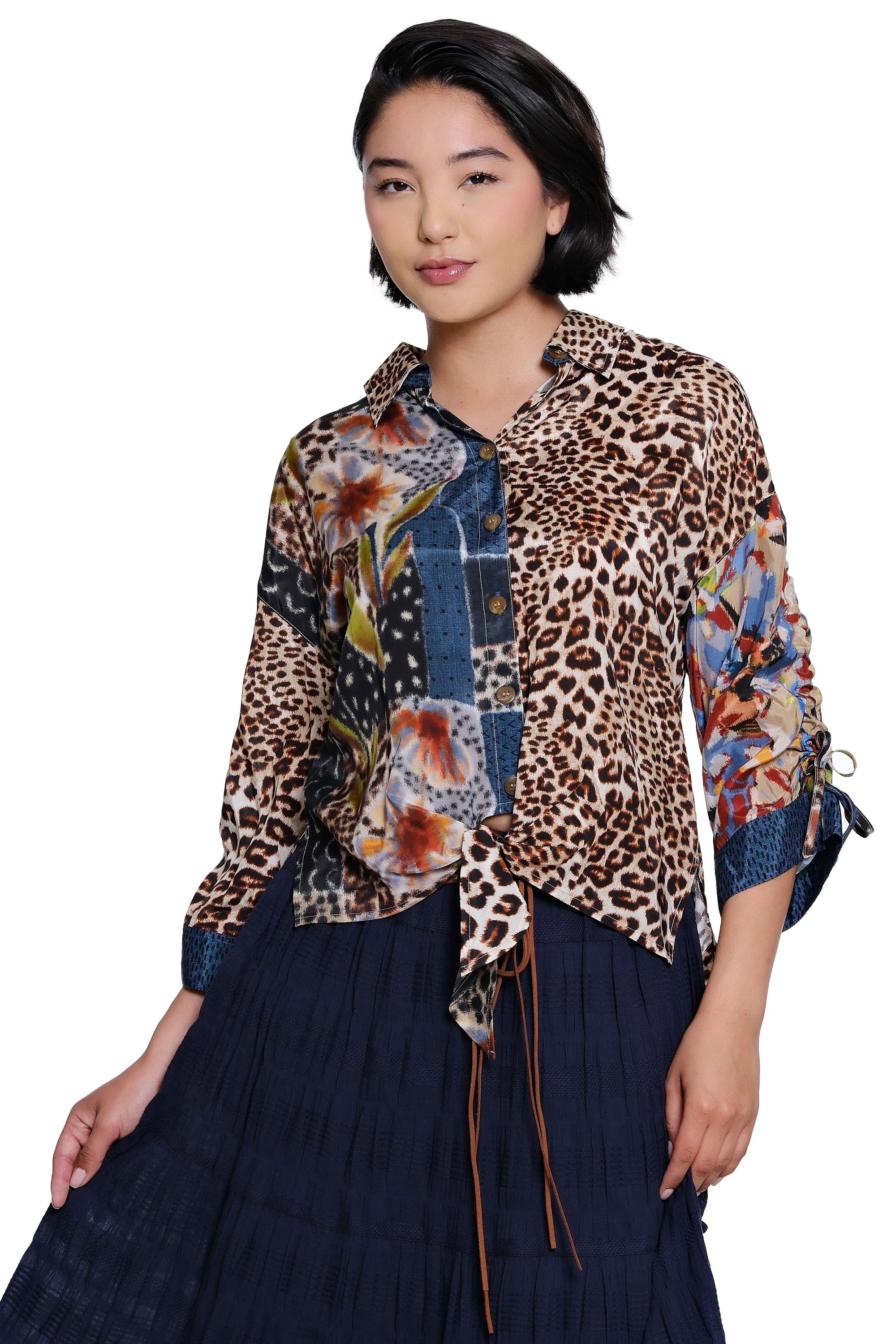 Mix Print Button Down Tie Front Blouse with 3/4 Cinch Tie Sleeves - Petite - Multi