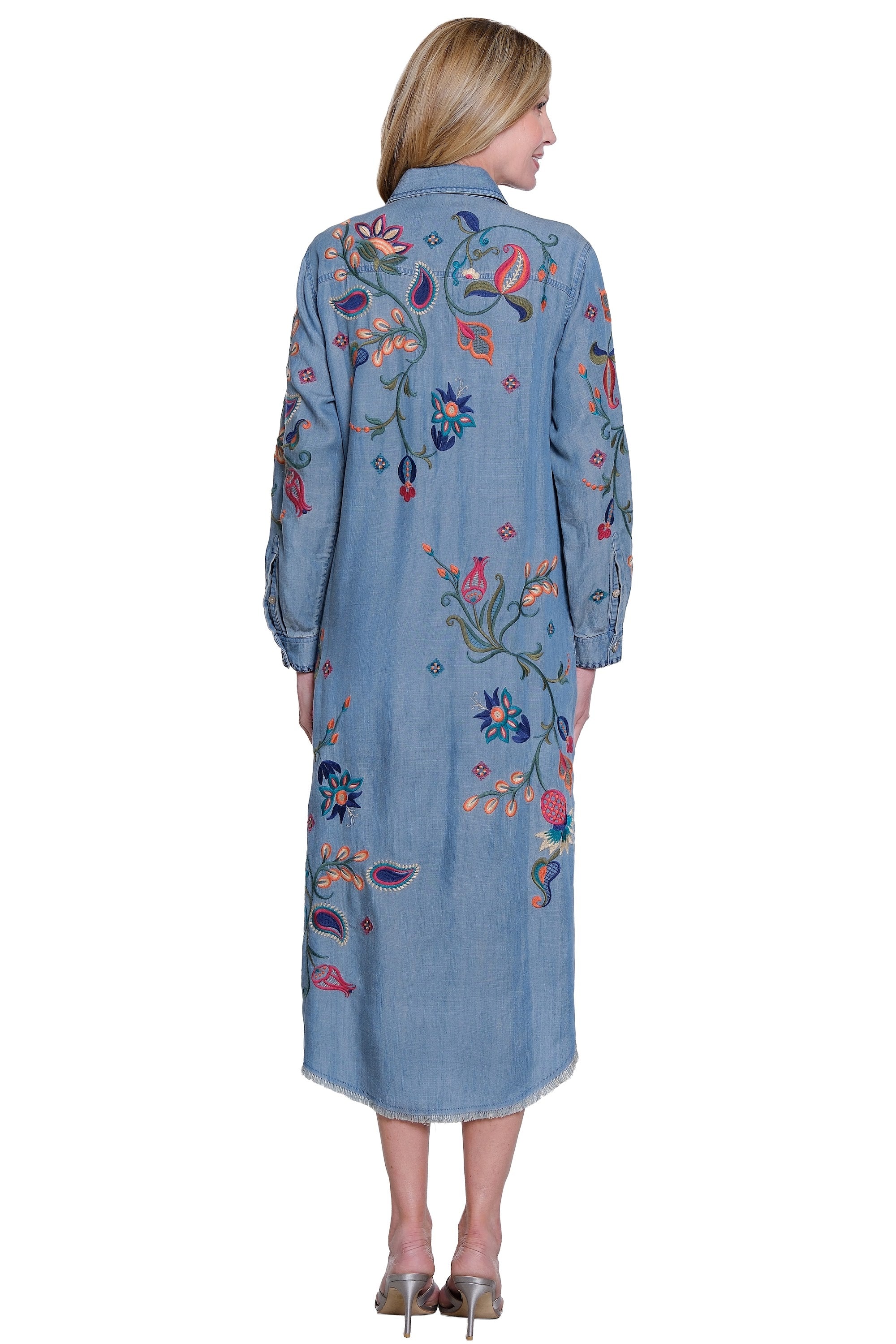 Denim Button Front 3/4 Sleeve Dress with Embroidery - Petite - Denim - view 2