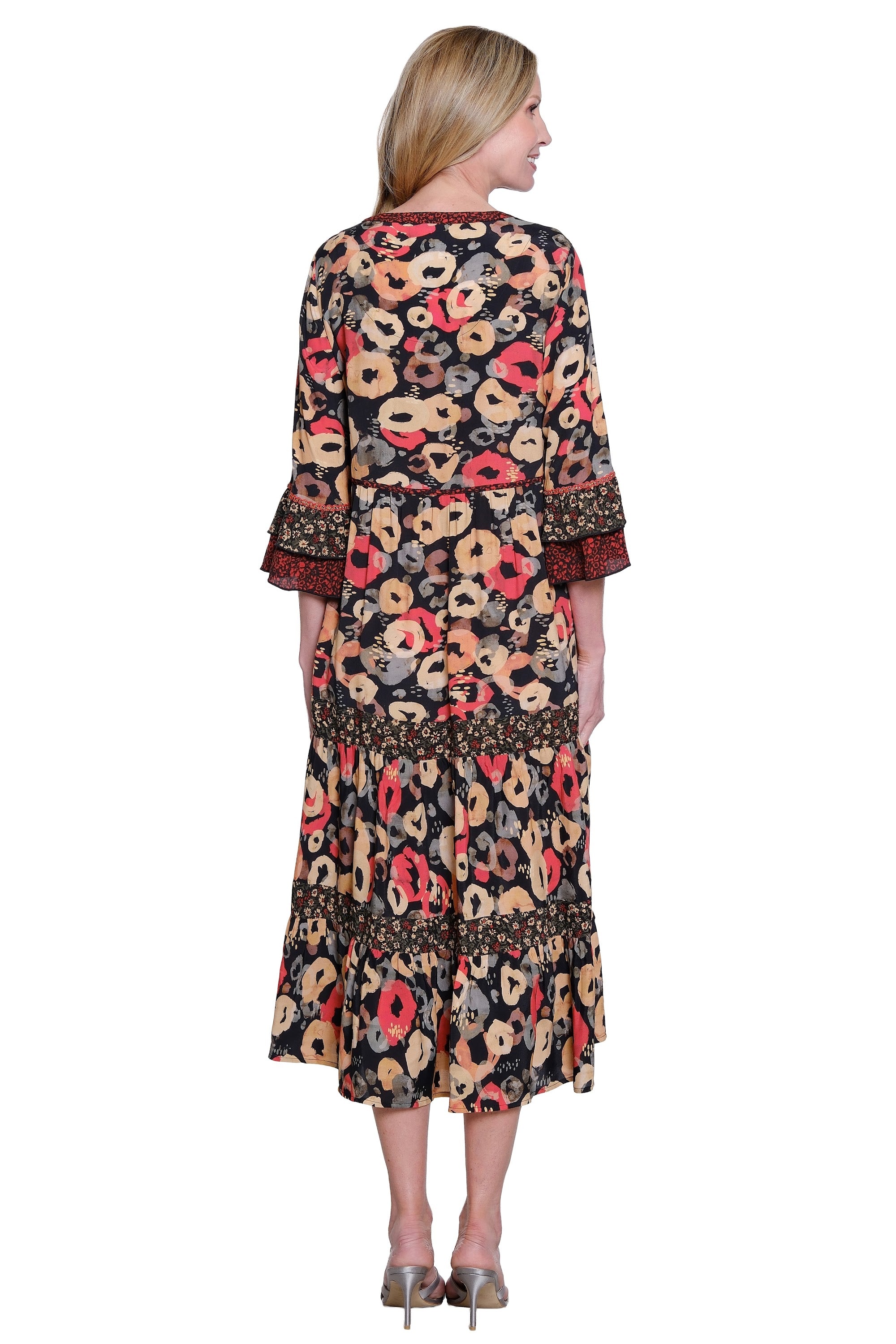 Printed 3/4 Sleeve Popover Tiered Dress with Flounce Sleeves - Plus - Floral Multi - view 2