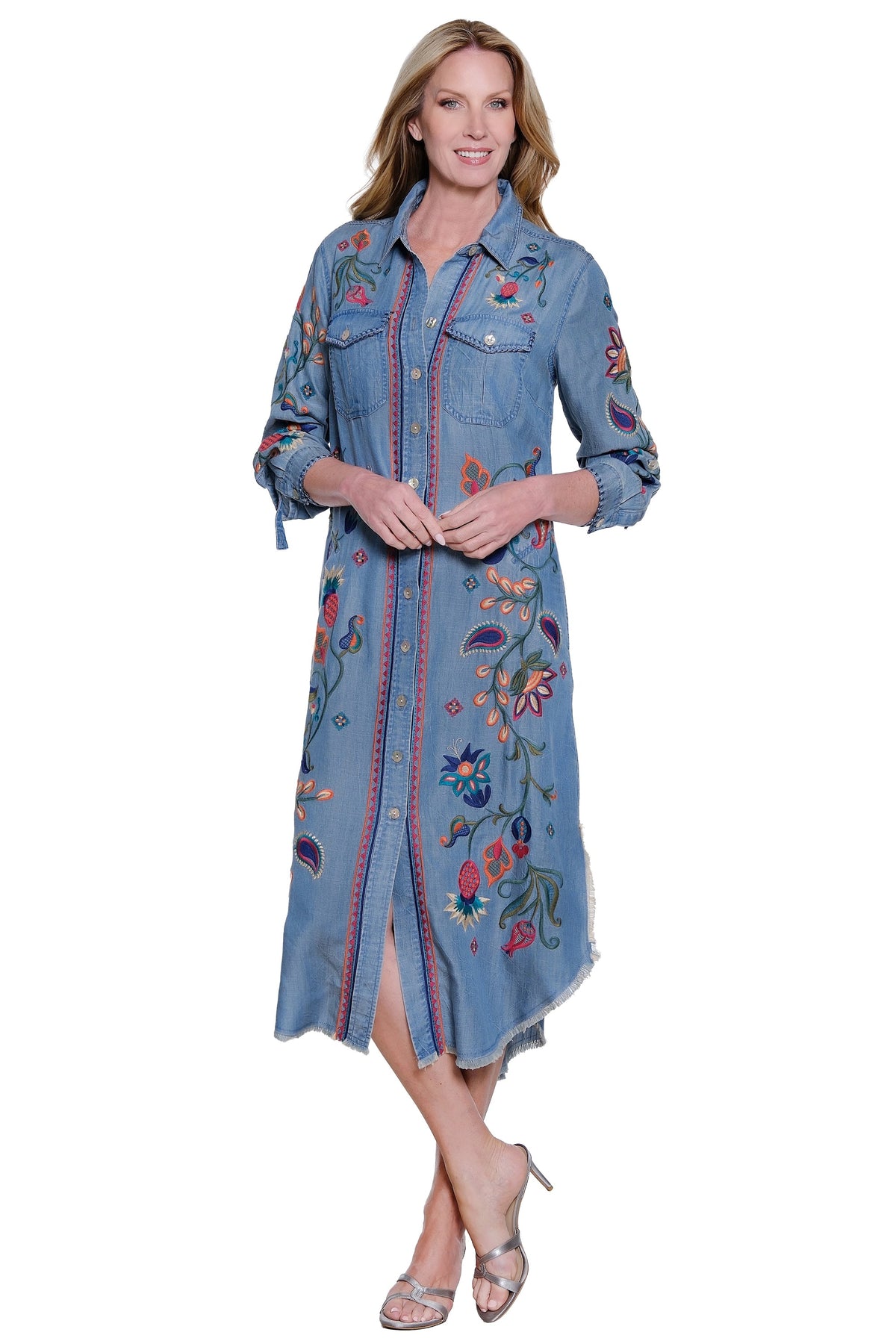 3 4 sleeve denim dress John Mark J36882DM Woven Denim Button Front 3/4 Sly w/Embroidery (M) Katherine is 55 and Size:Years 5-6 Big Girls Christmas Dresses pleated dress material