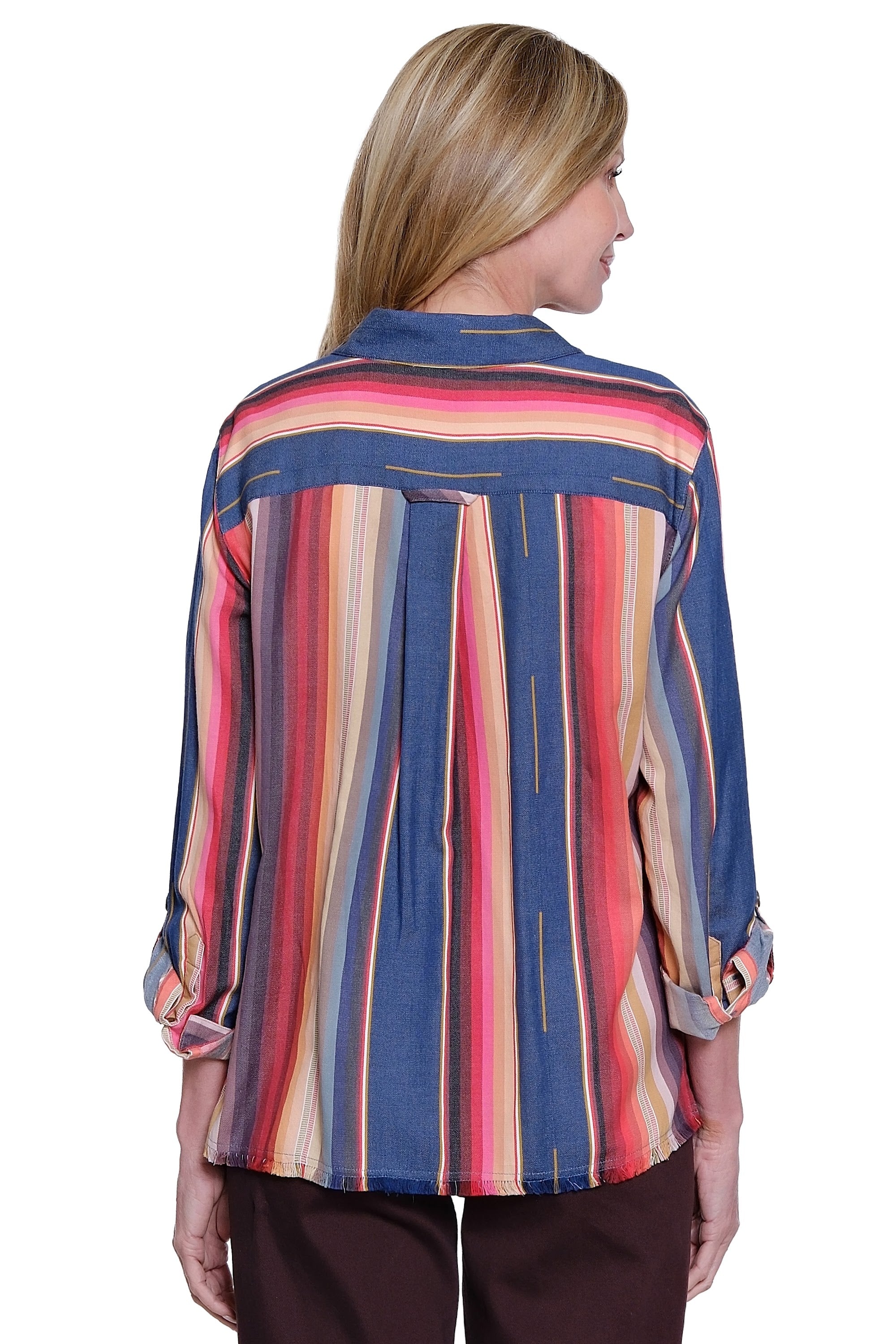 Y/D Stripe Roll Tab Long Sleeve Button Down Blouse with Patch Pocket - Petite - Stripe Multi - view 2