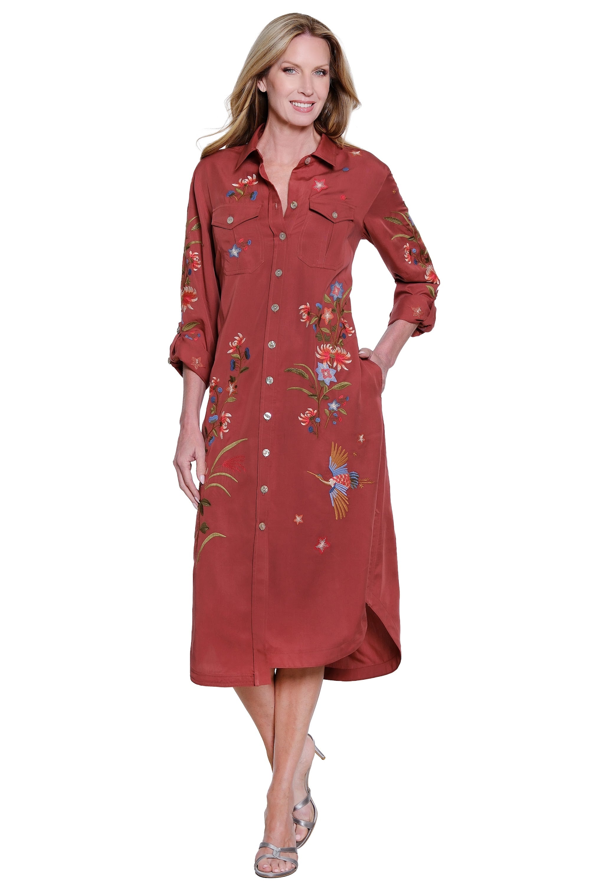Embroidered Long Sleeve Roll Tab Button Front Dress with Patch Pockets - Dark Red