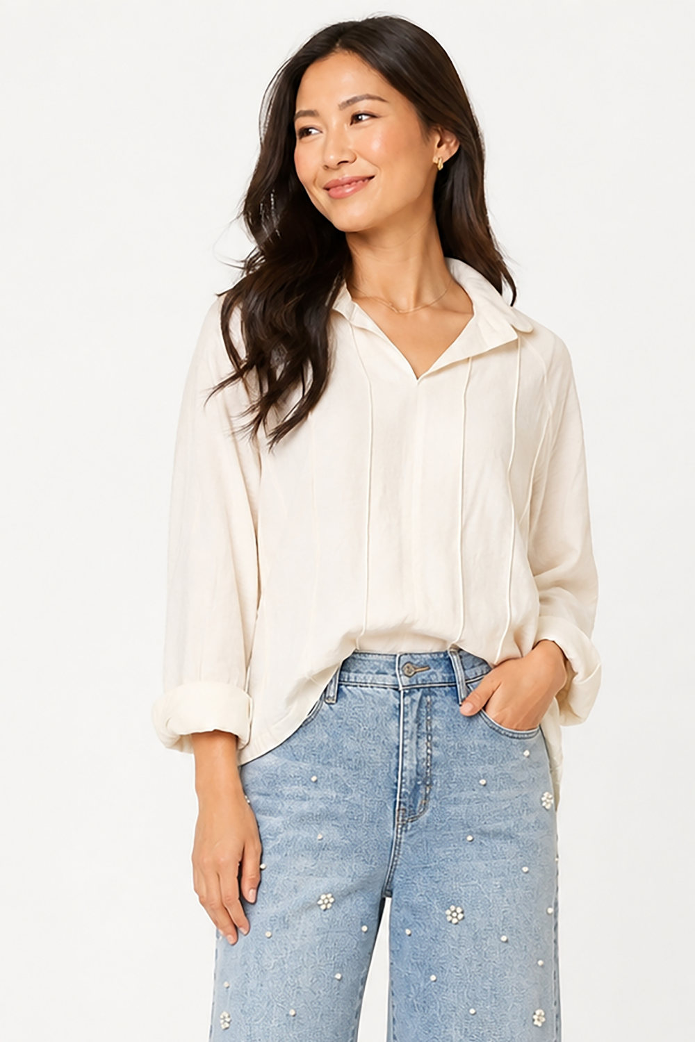Winter White Woven Solid Wire Collar 3/4 Sleeve Popover w/ Button Detail - Missy