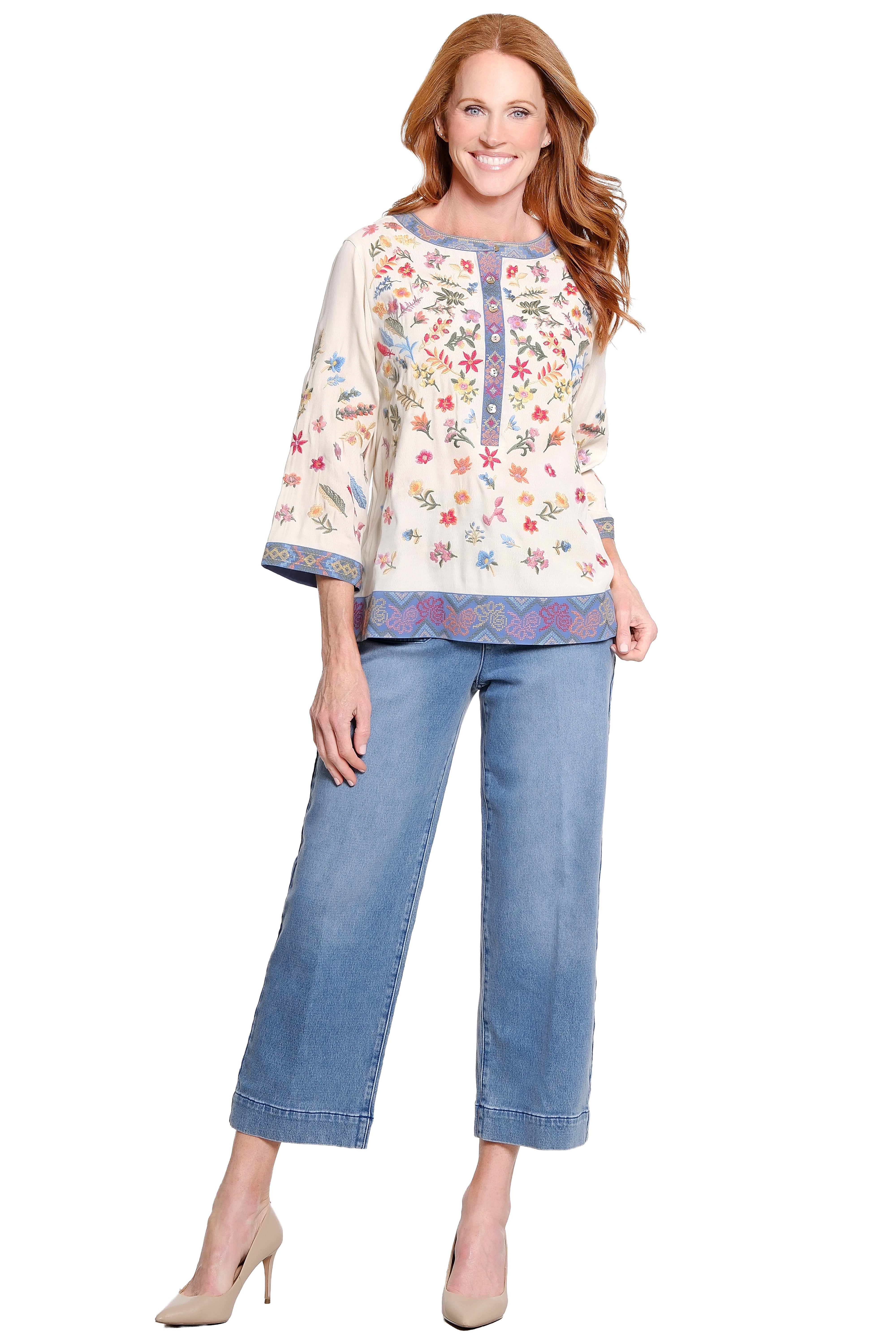 Embroidered Button-Up Tunic - Plus - Cream
