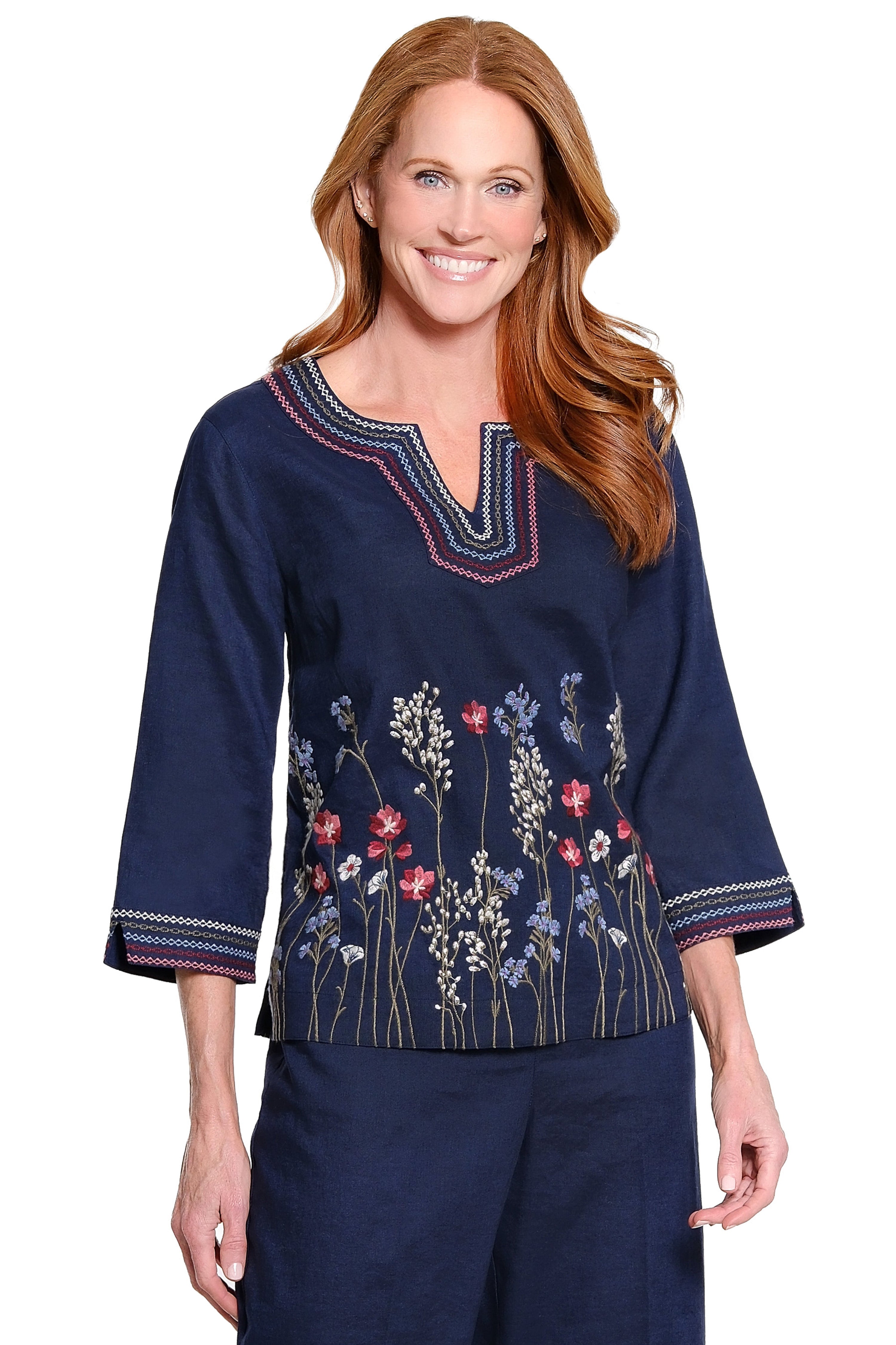 Border Embroidered Tunic - Plus - Navy