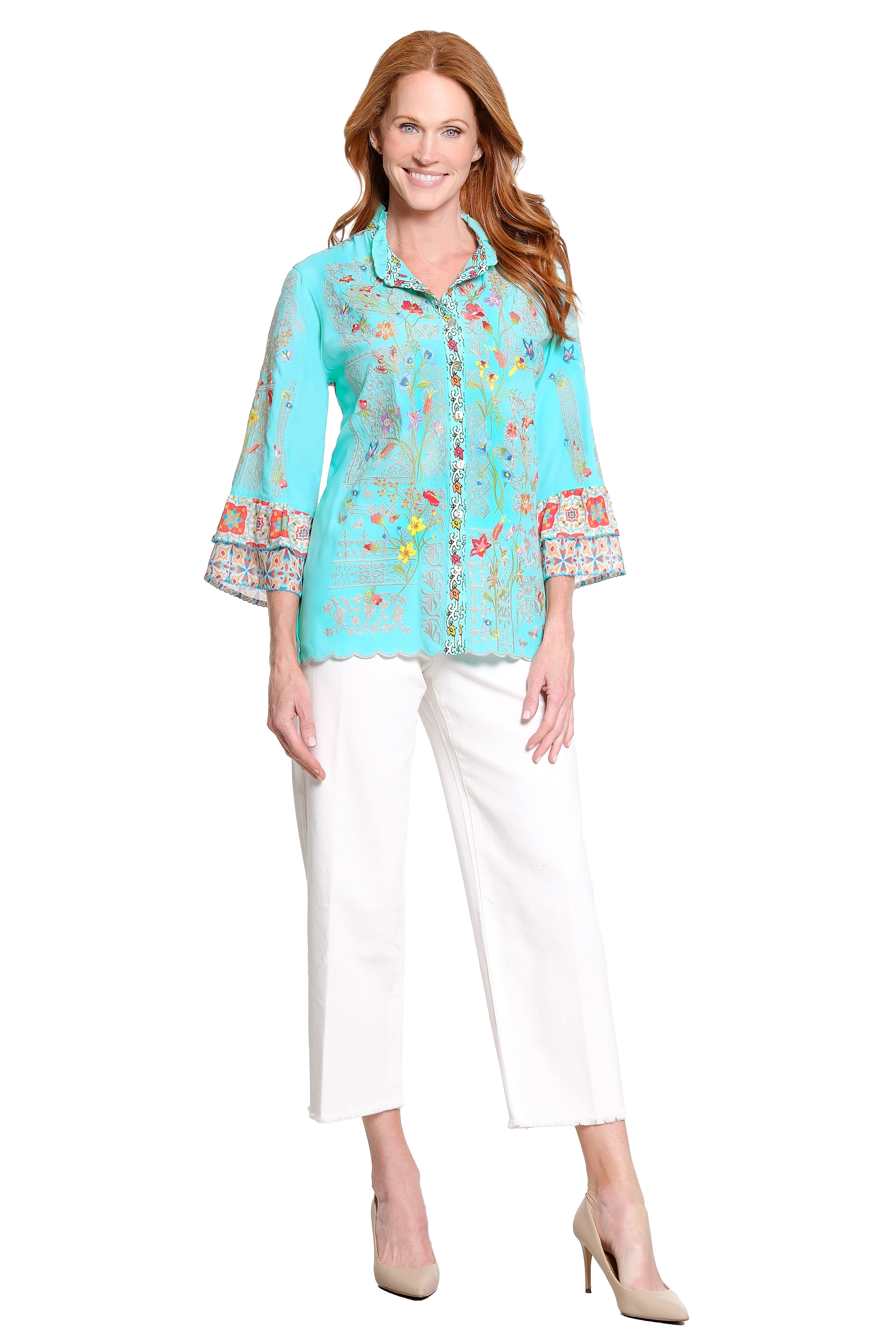 Embroidered Button Front Blouse - Petite - Aqua