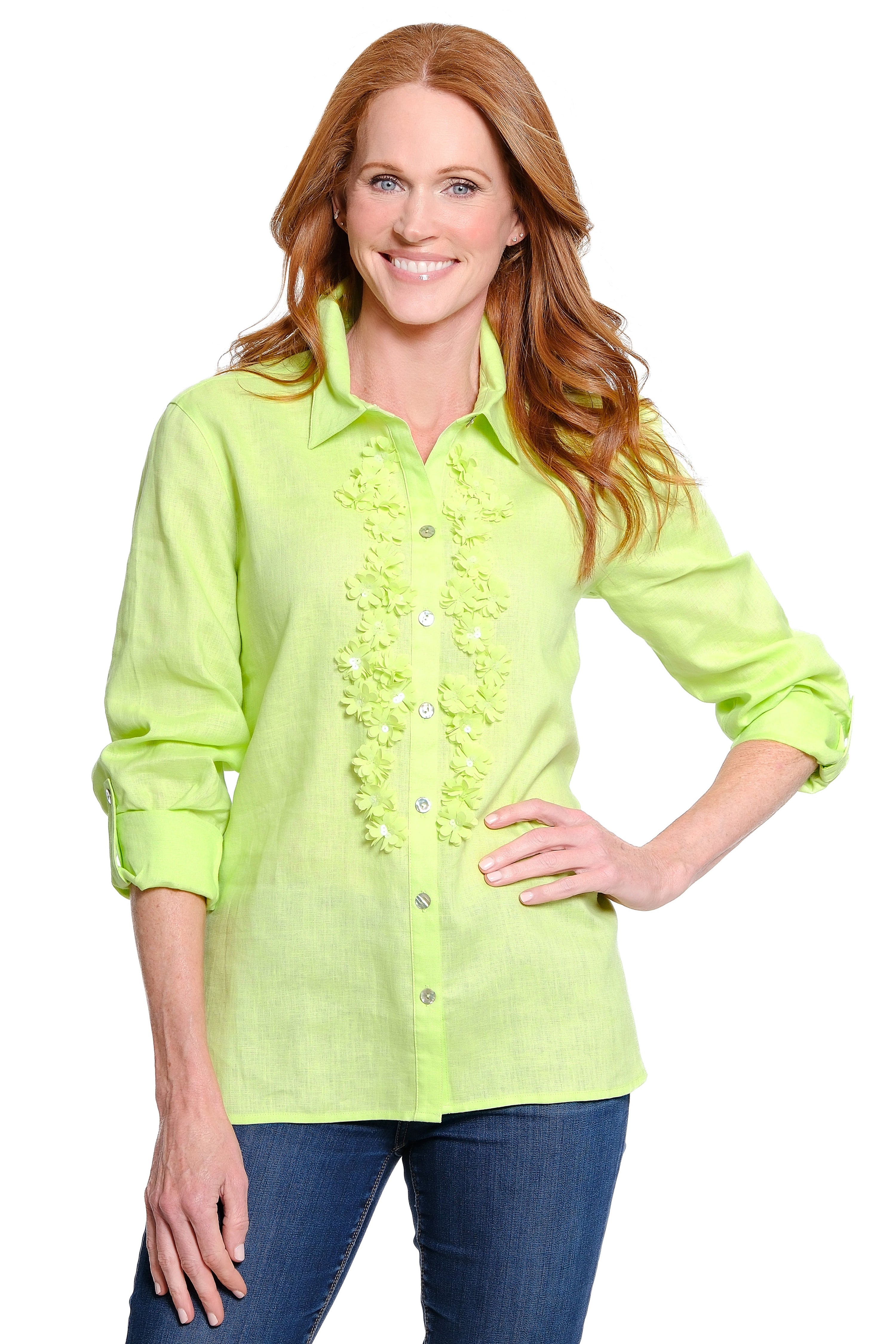Button Front Blouse with Flower Applique - Soft Lime