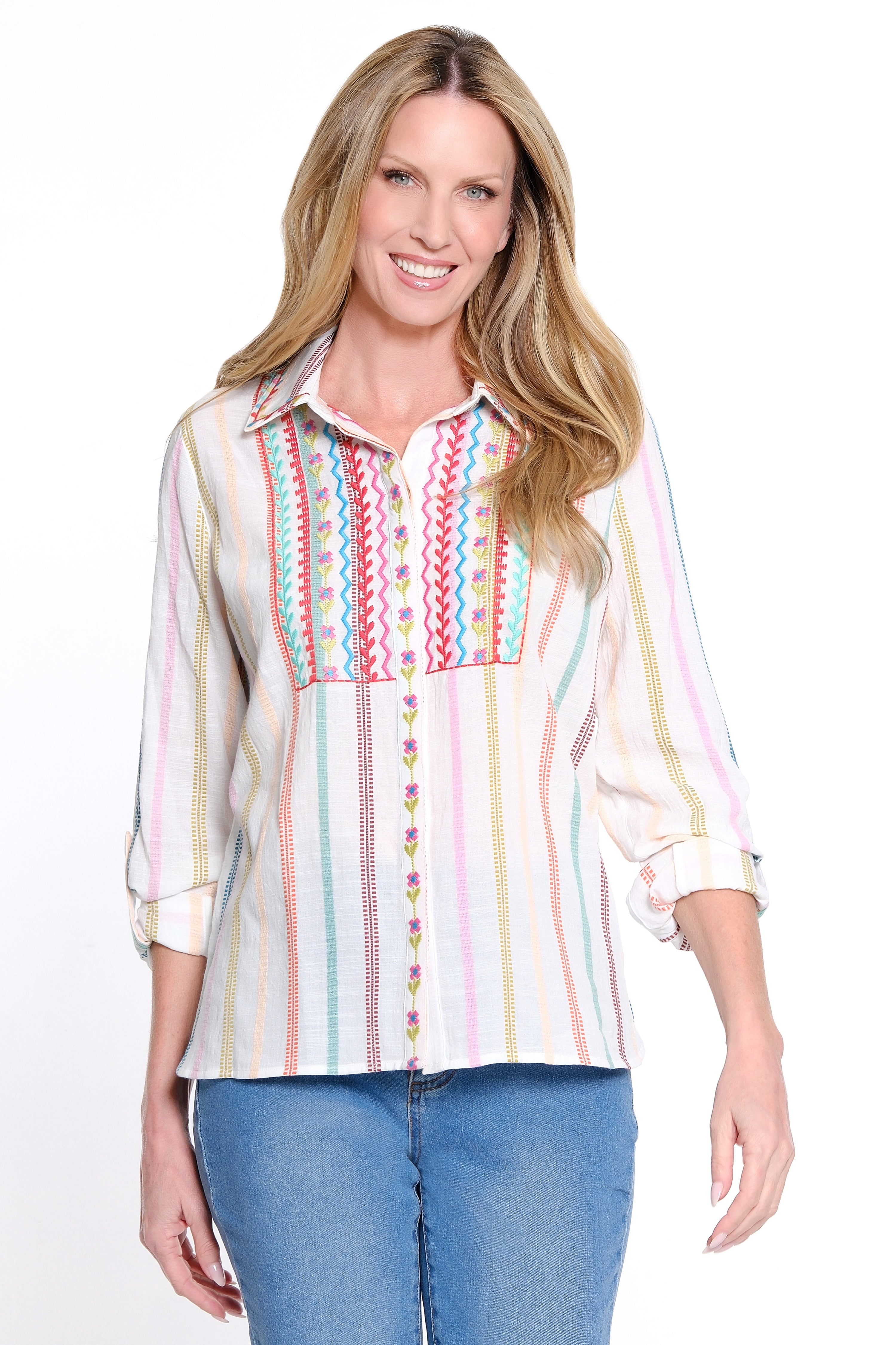 Embroidered Button Front Blouse - Plus - Off White