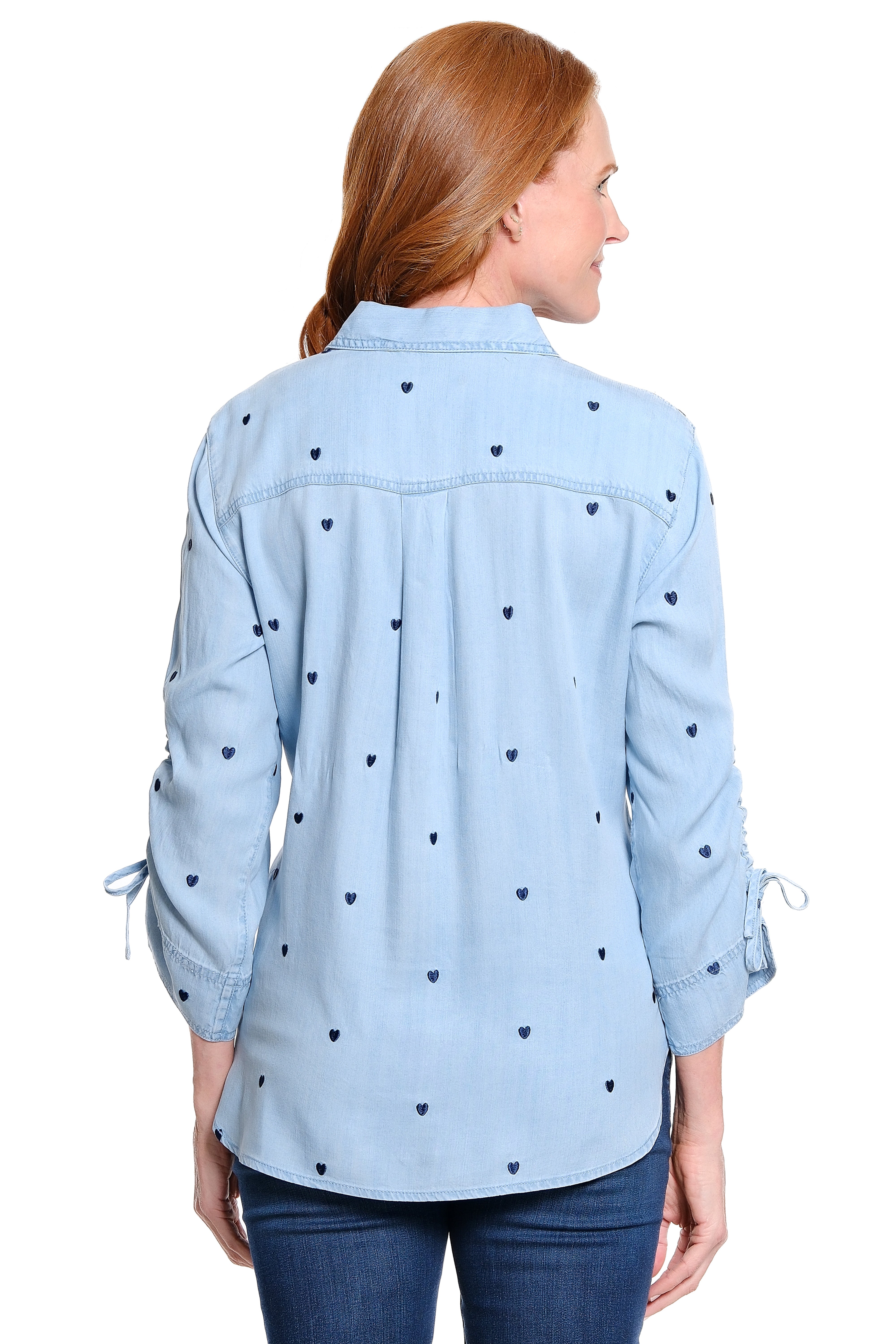 All Over Heart Embroidered Blouse - Plus - Chambray