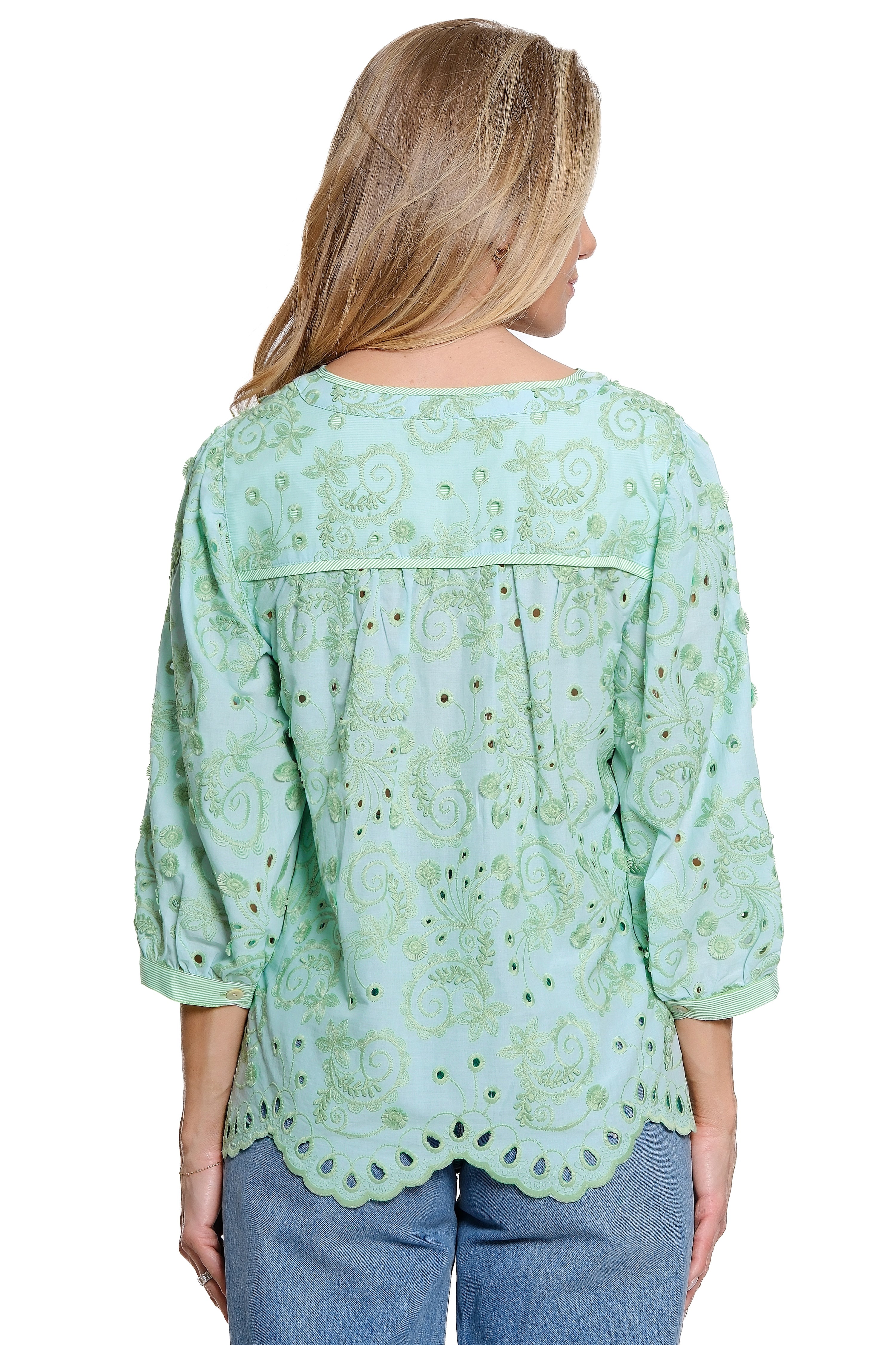 Embroidered Eyelet Tunic with Scallop Hem - Sky