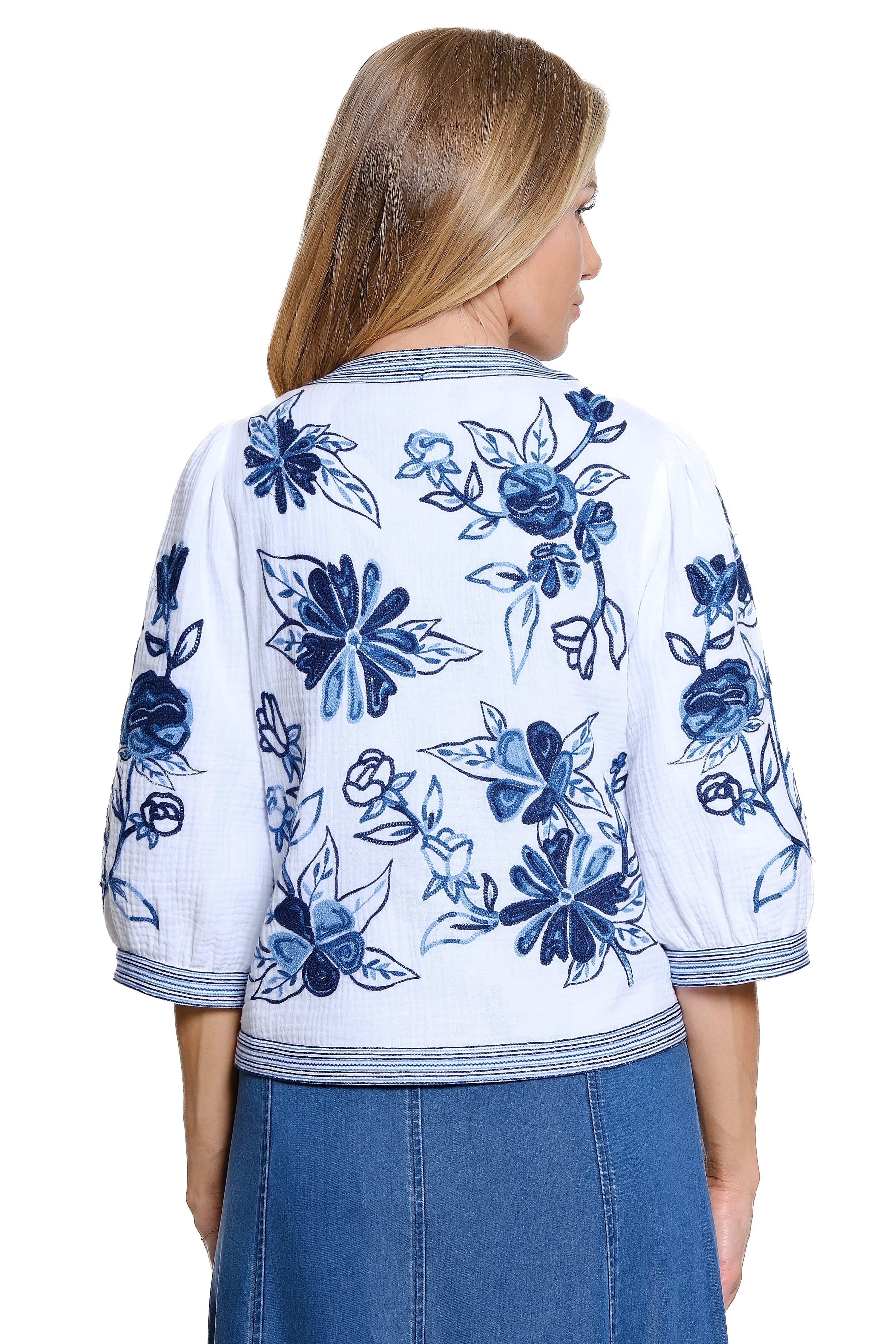 Floral Embroidered Reversible Jacket - White/Blue