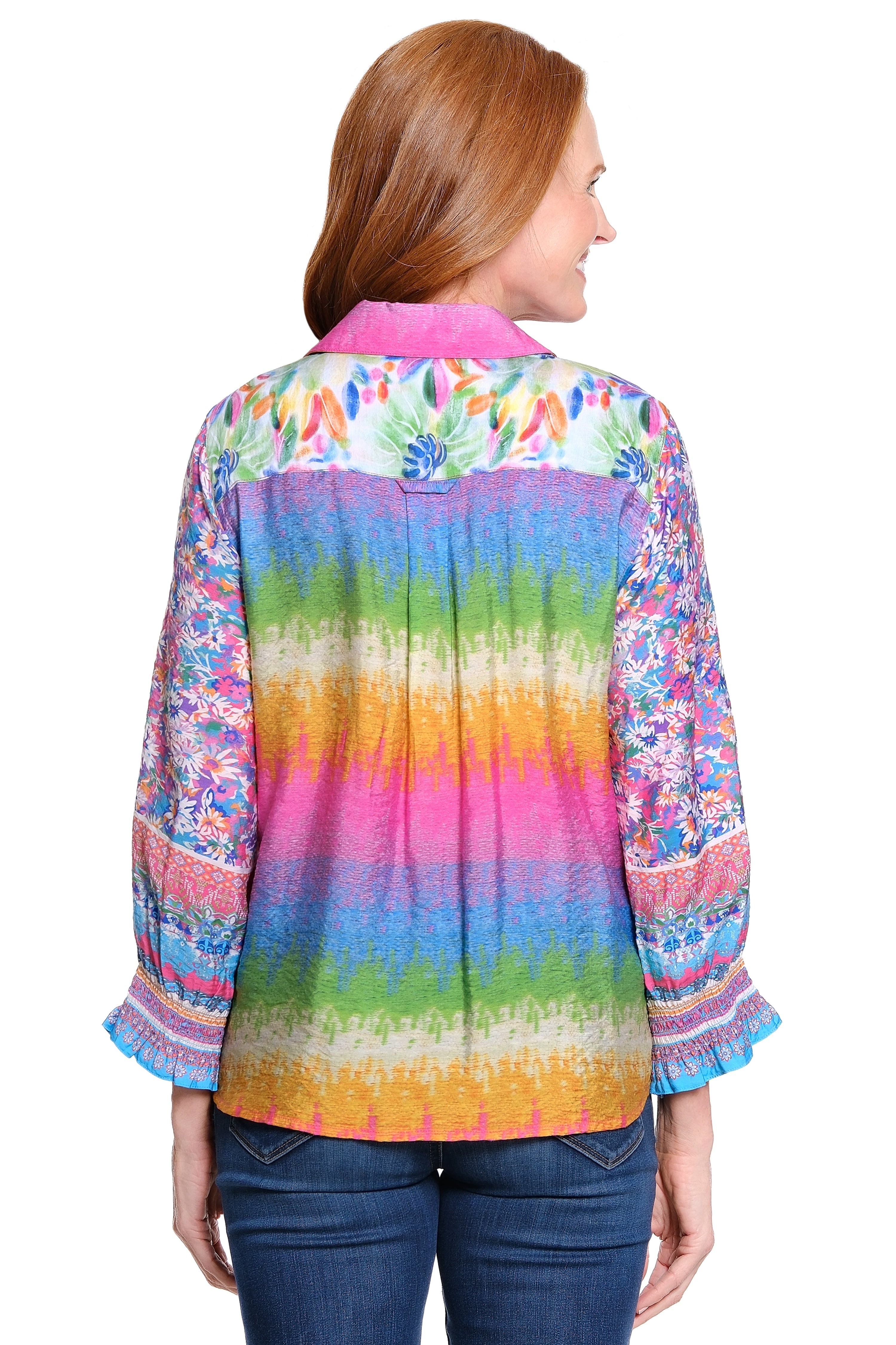 Mixed Print Blouse with Tie Front & Ruffle Trim - Multi