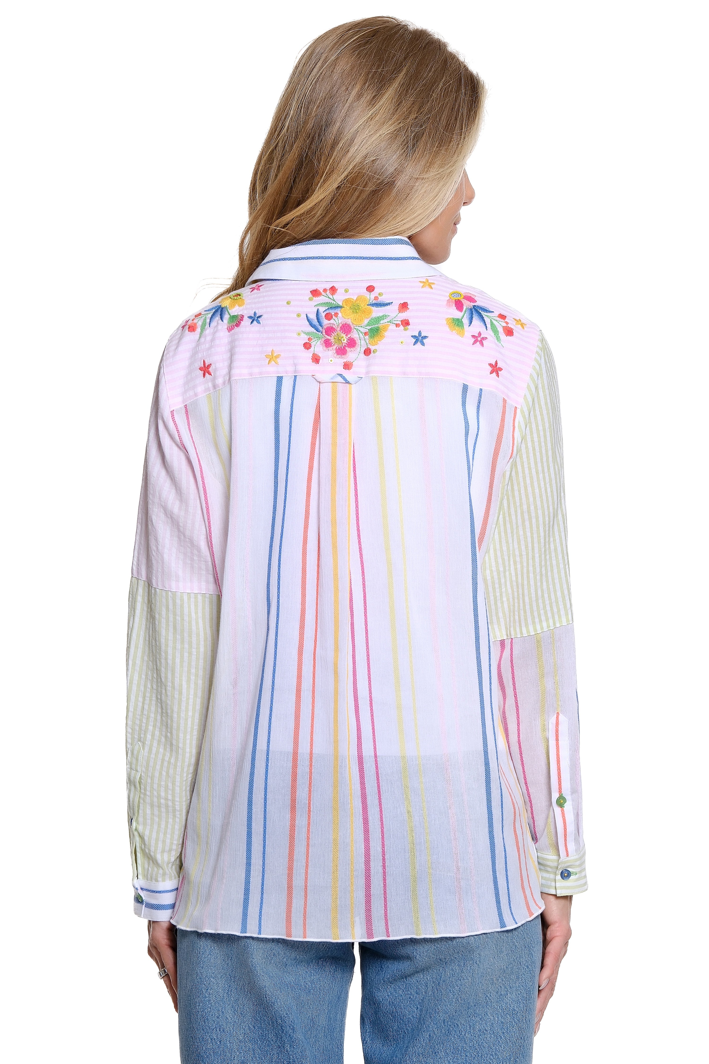 Embroidered Mixed Stripe Patchwork Blouse - Stripe Multi