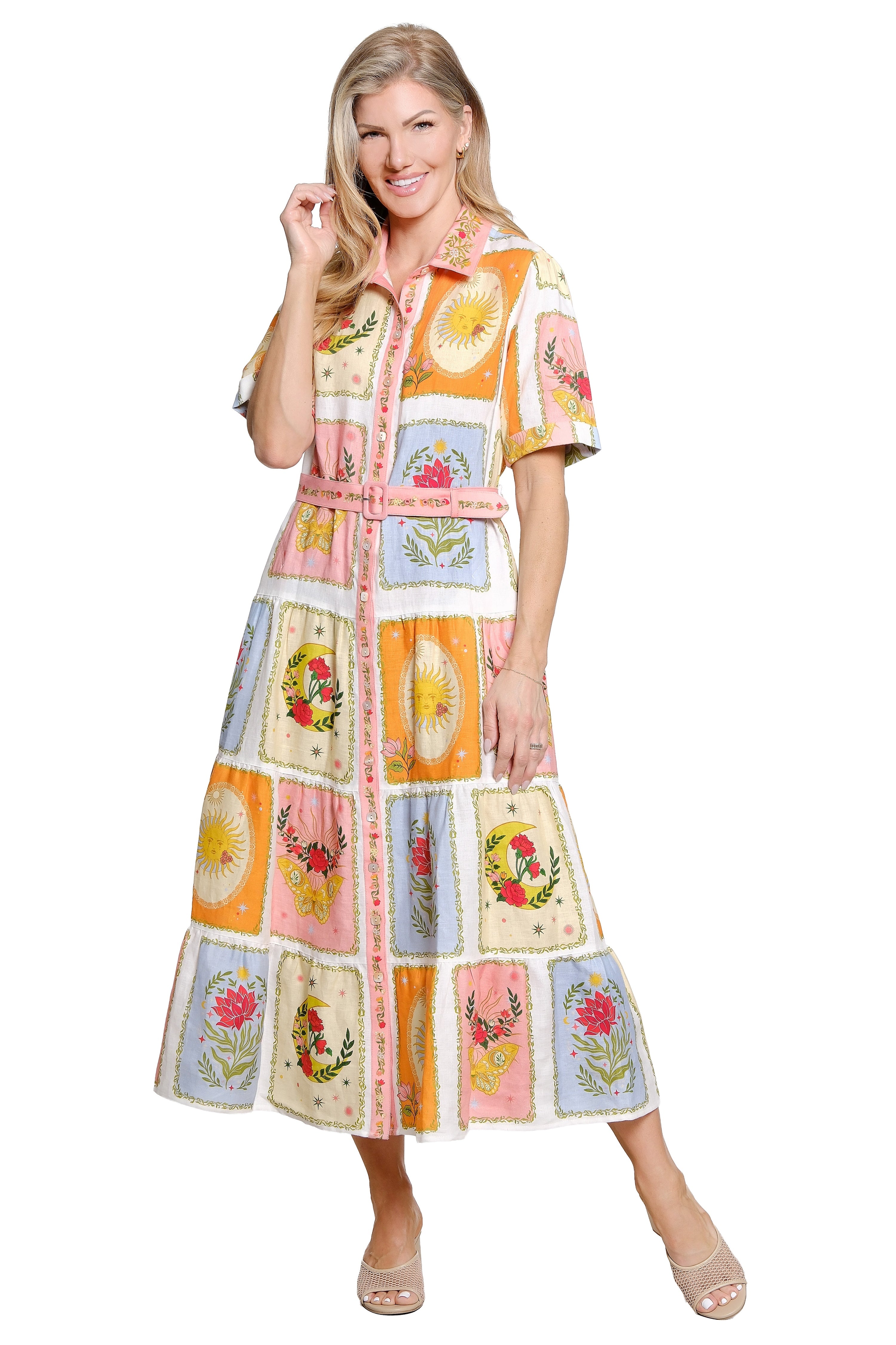 Floral Patchwork Midi Dress with Belt - Multi