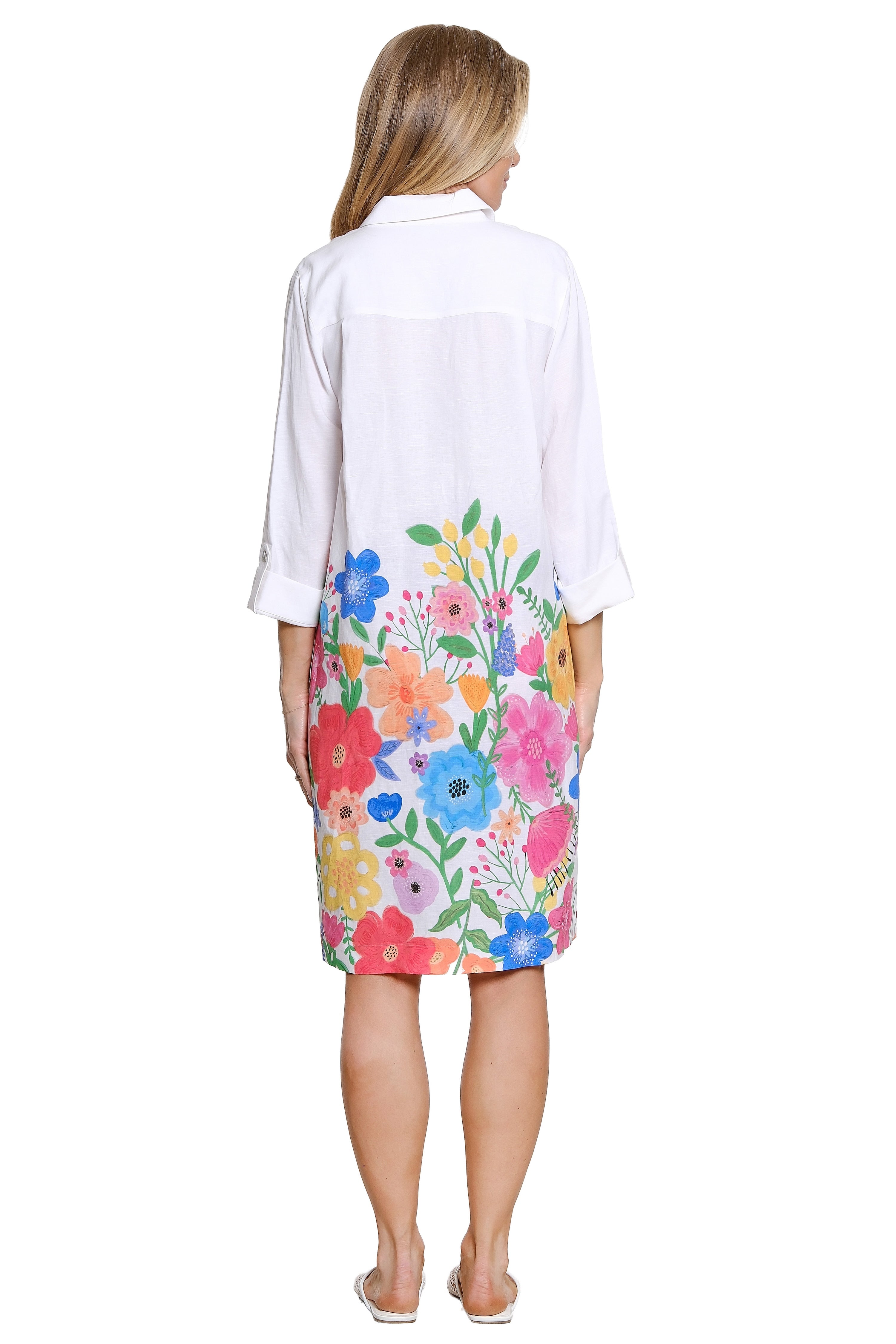 Floral Border Print Shirt Dress - White Floral