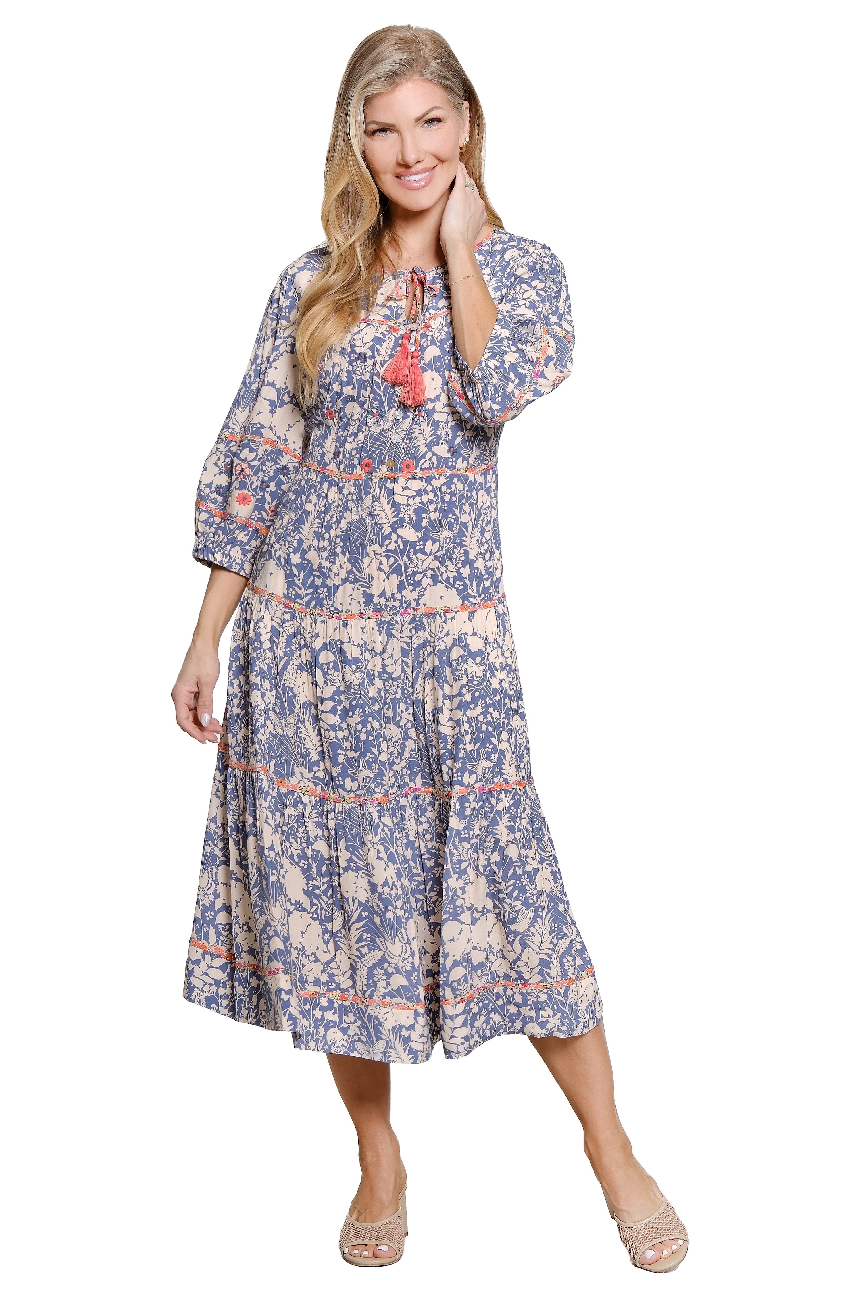 Floral Print Tiered Dress with Tassel Tie - Blue Floral