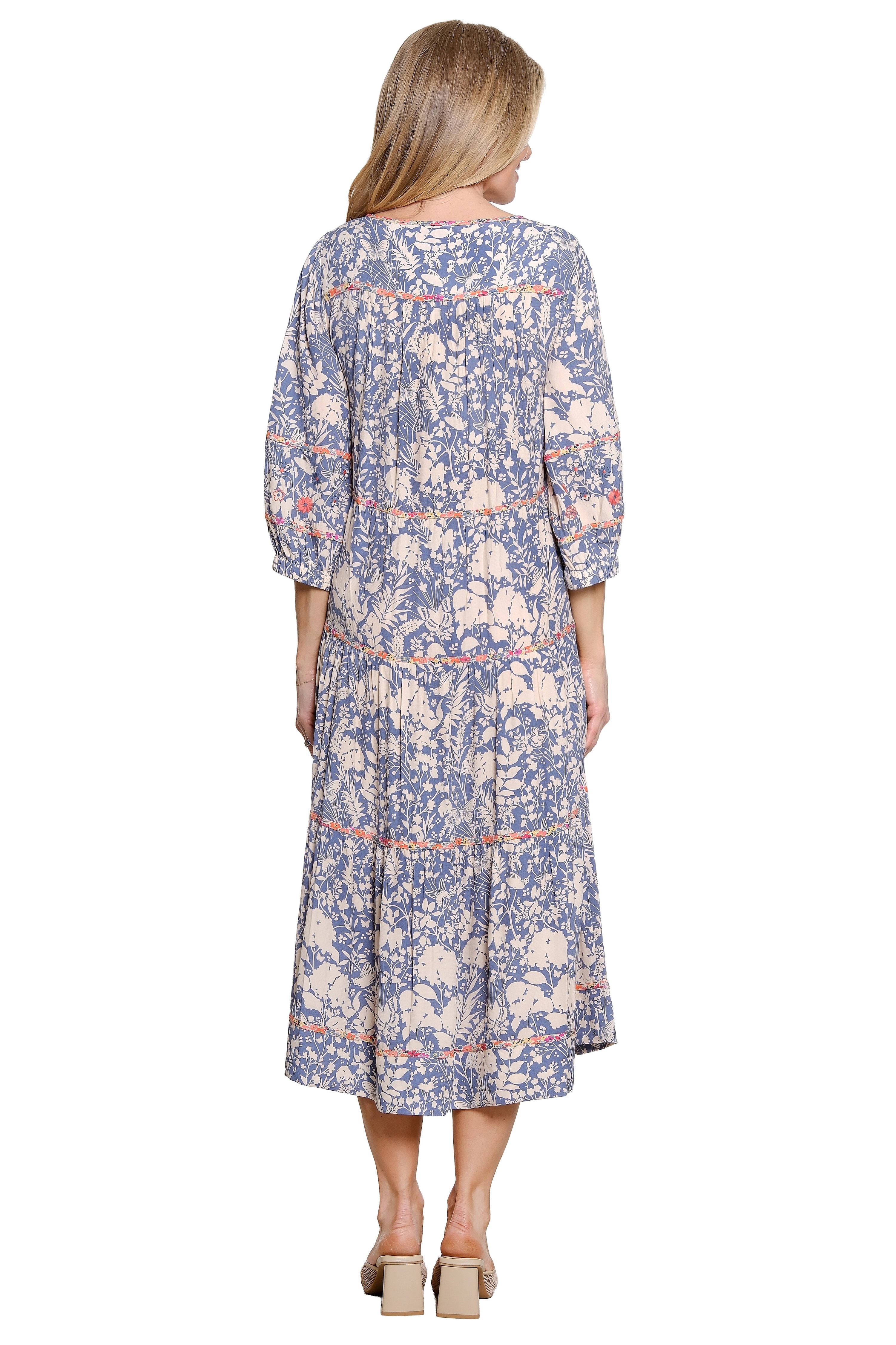 Floral Print Tiered Dress with Tassel Tie - Blue Floral
