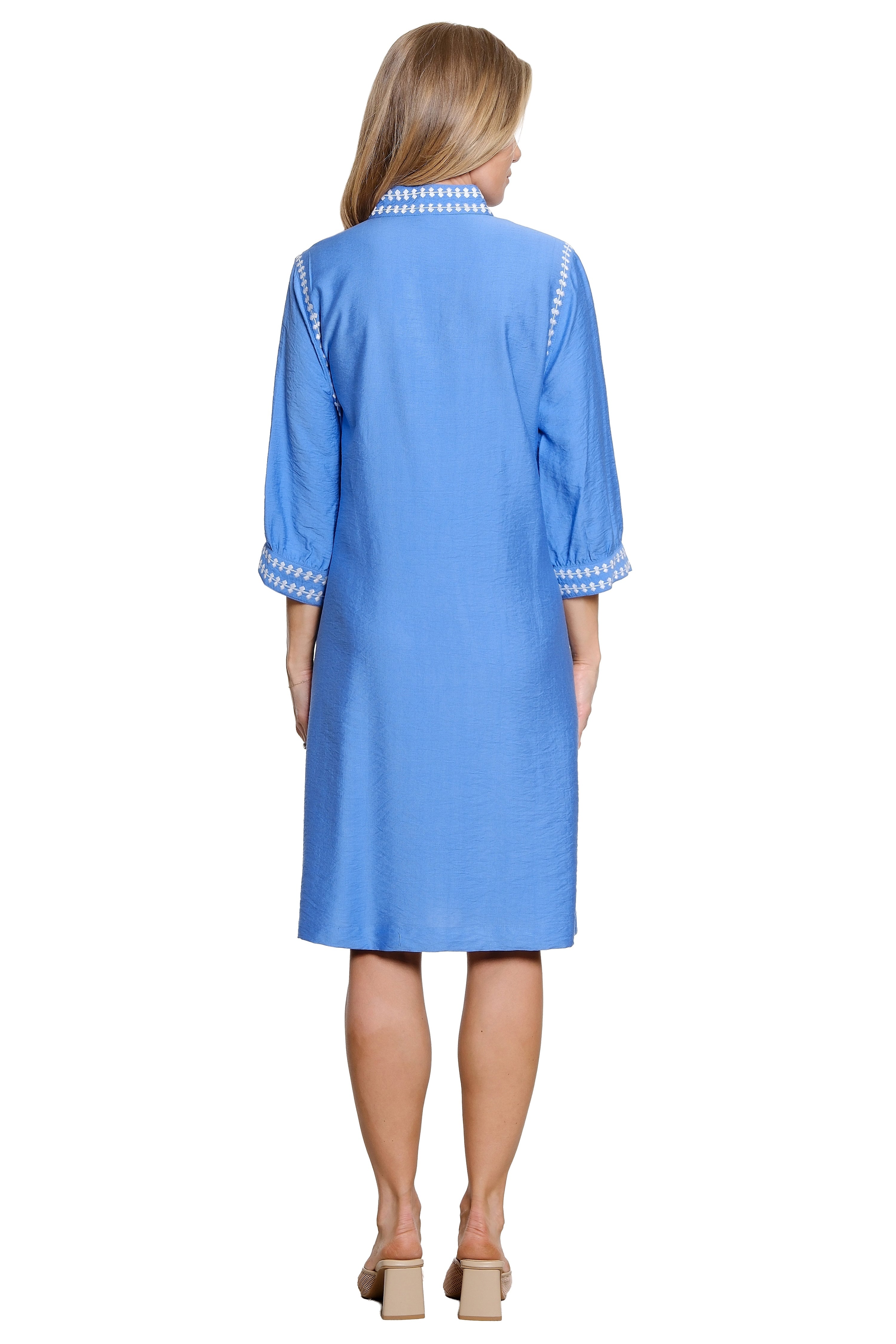Embroidered Dress with Blouson Sleeves - Cornflower