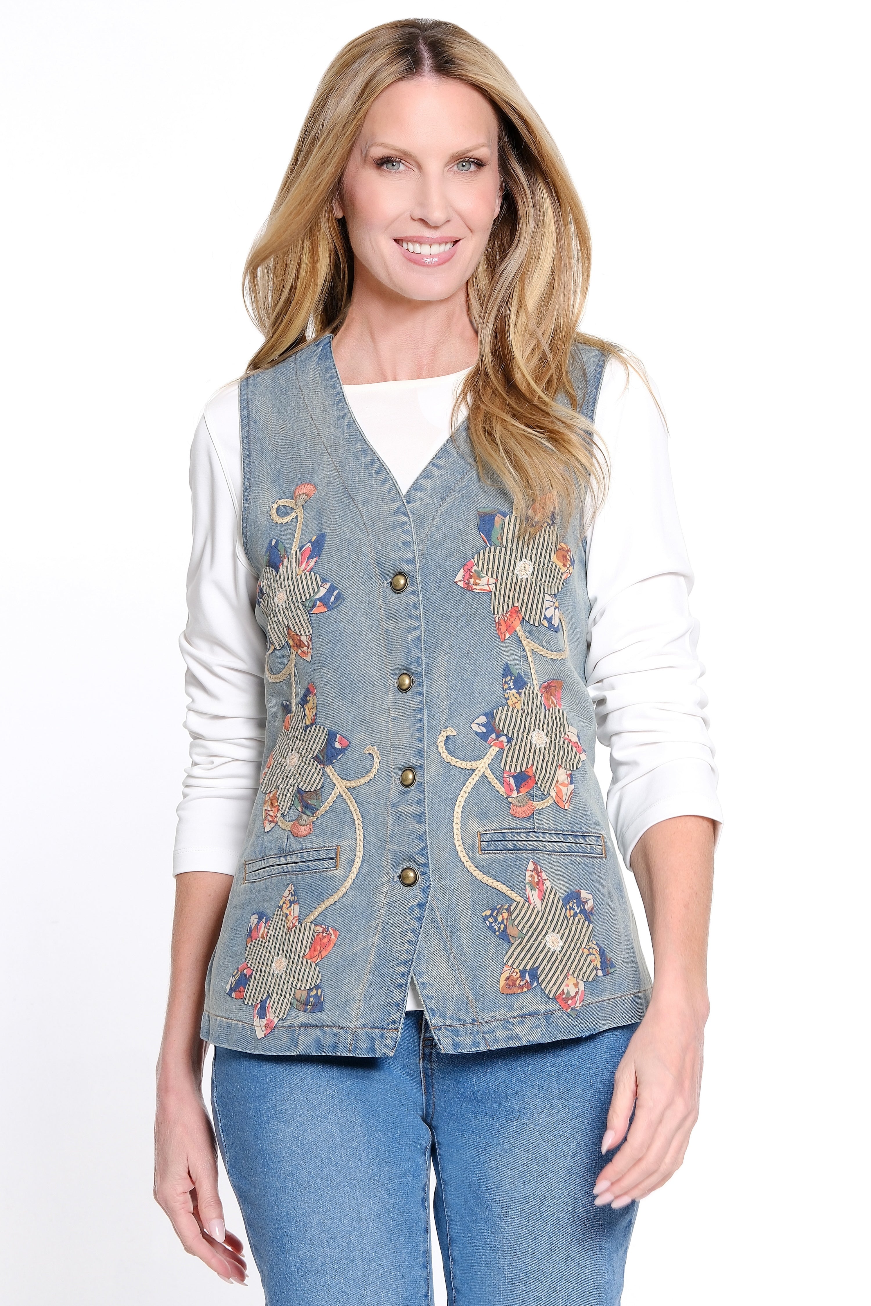Embroidered & Appliqué Denim Vest - Denim