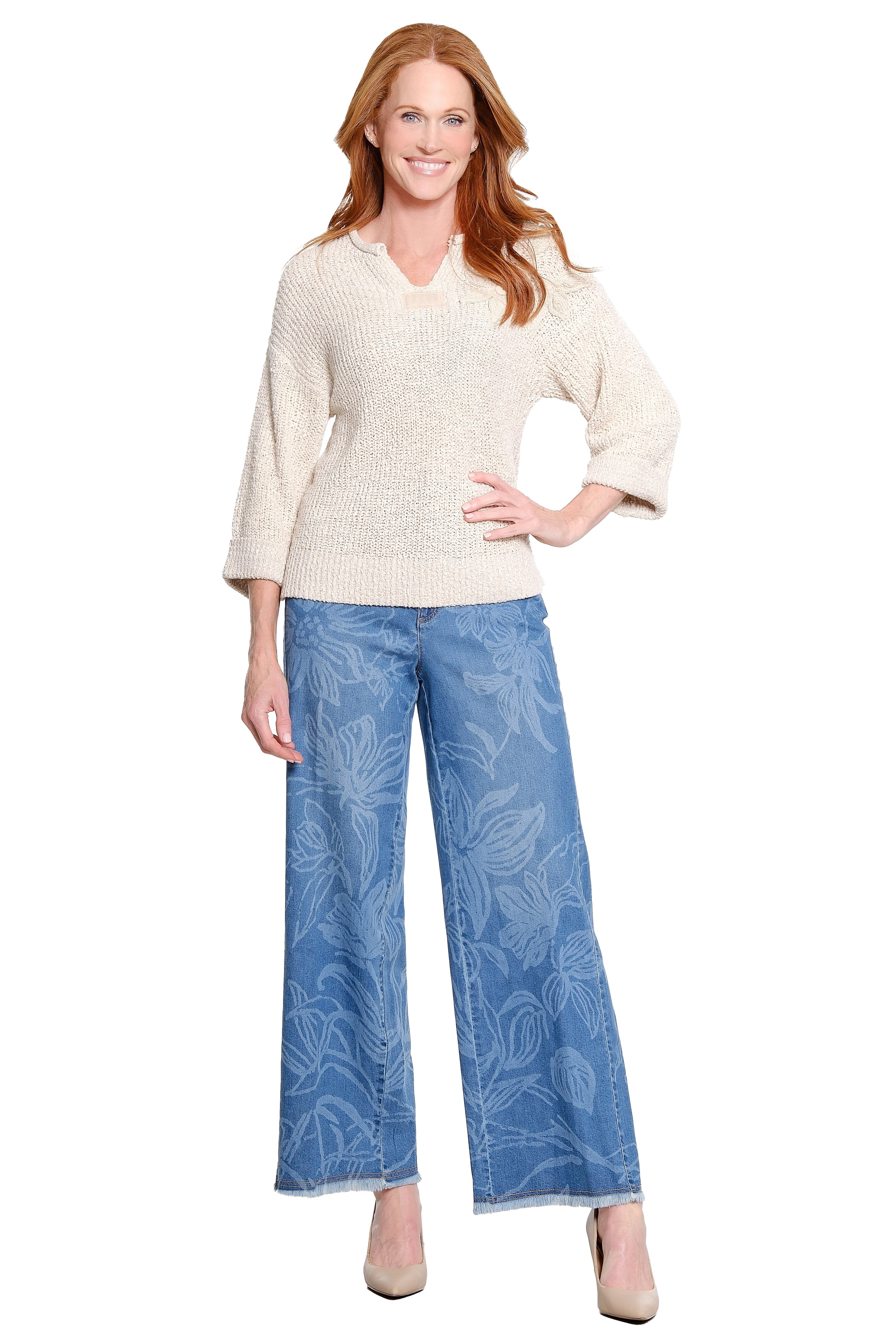 Printed Wide Leg Jeans - Blue Print