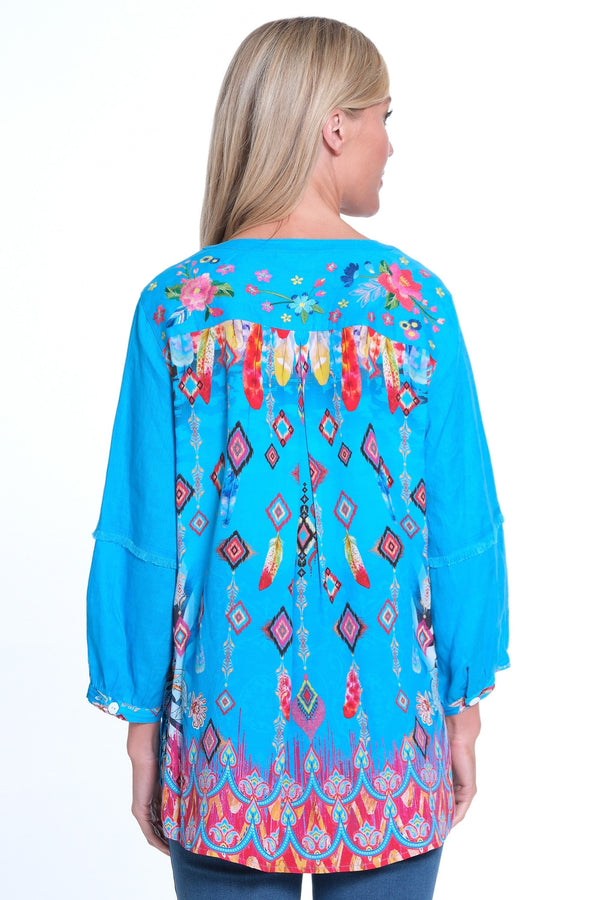 Embroidered Button Front Tunic - Women's - Turquoise