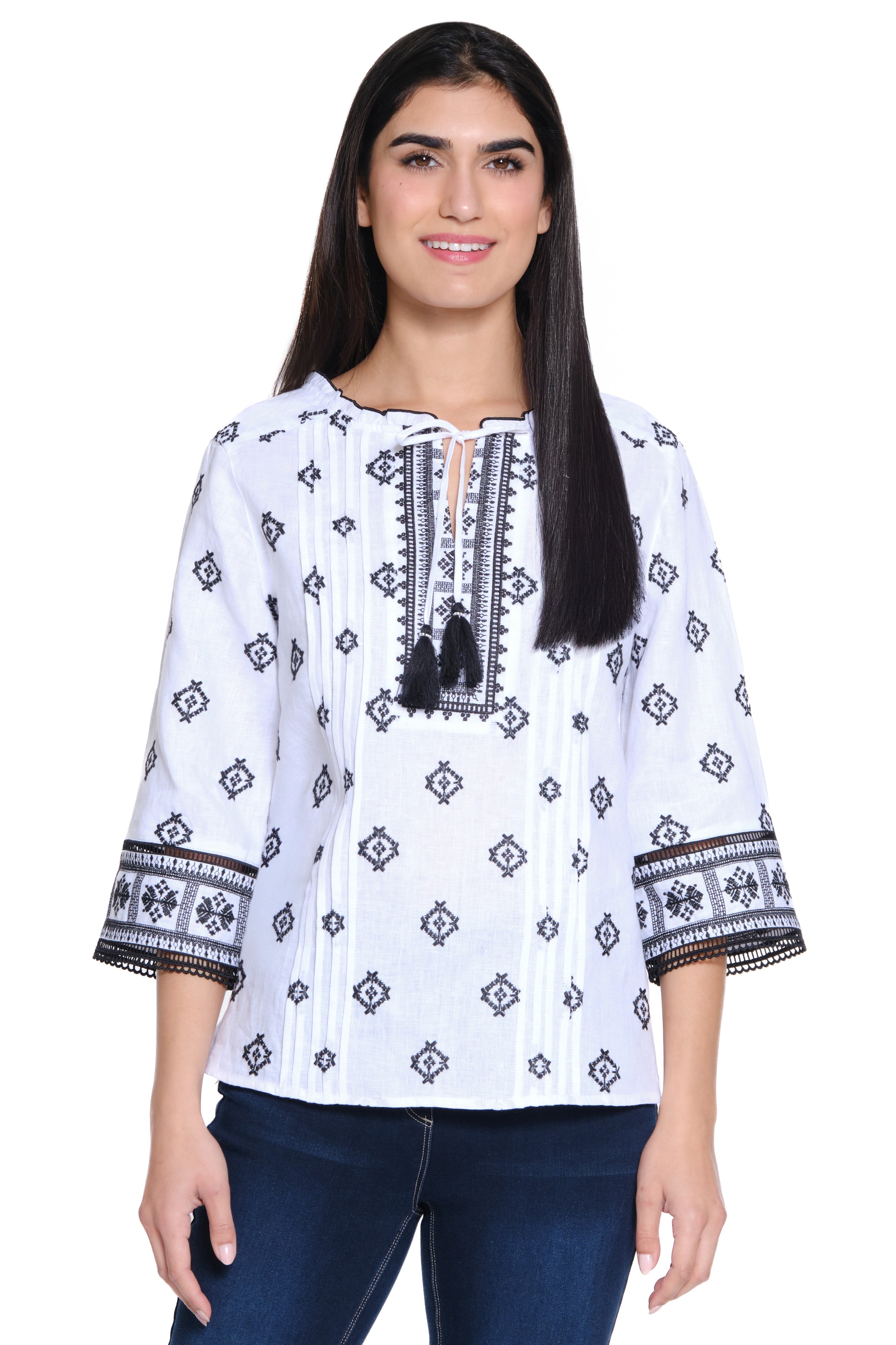 Embroidered Linen Tunic - Women's - Black/White