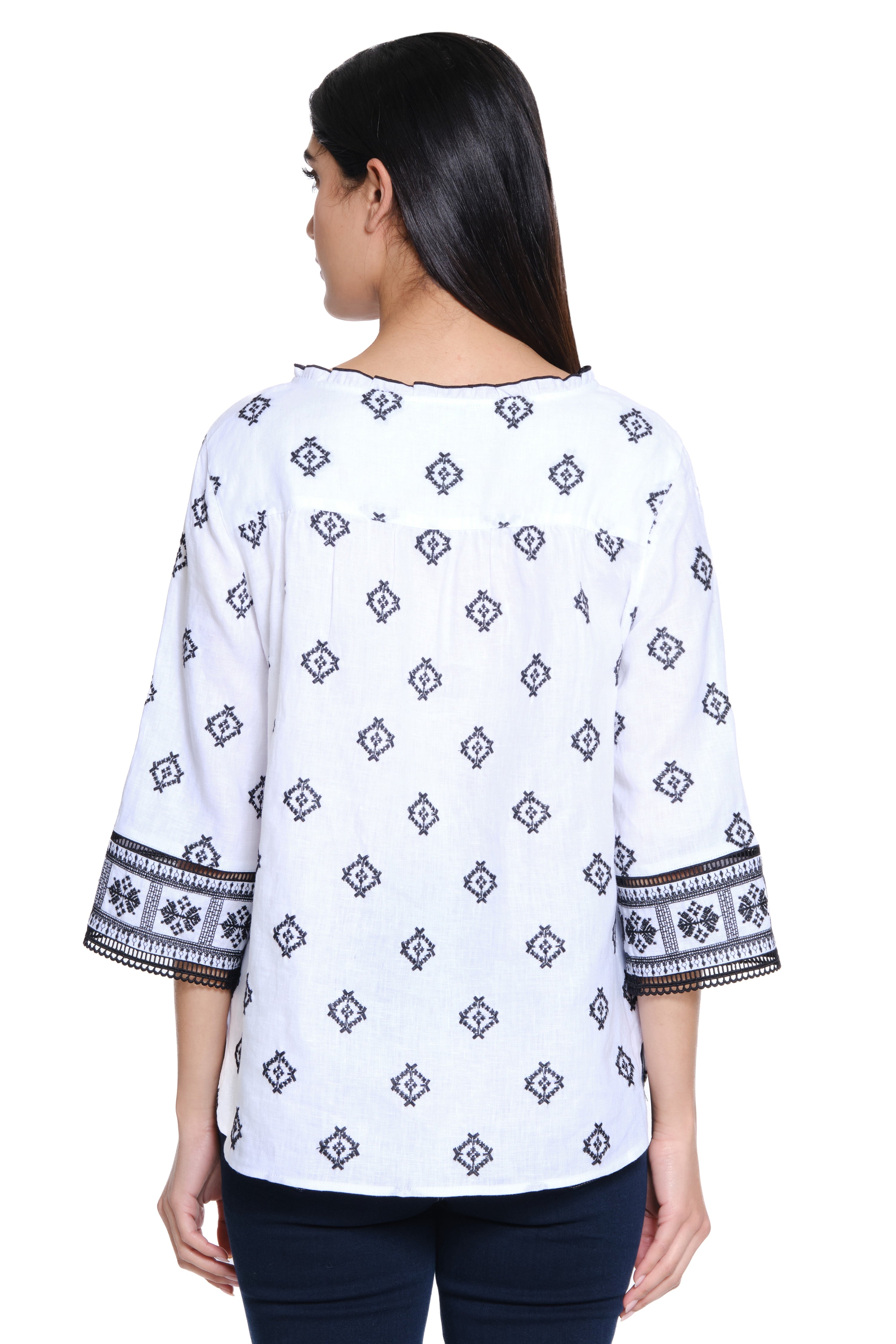 Embroidered Linen Tunic - Black/White