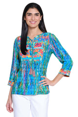 Embroidered Tie Front Tunic - Petite - Blue Abstract Print