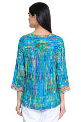 Embroidered Tie Front Tunic - Petite - Blue Abstract Print