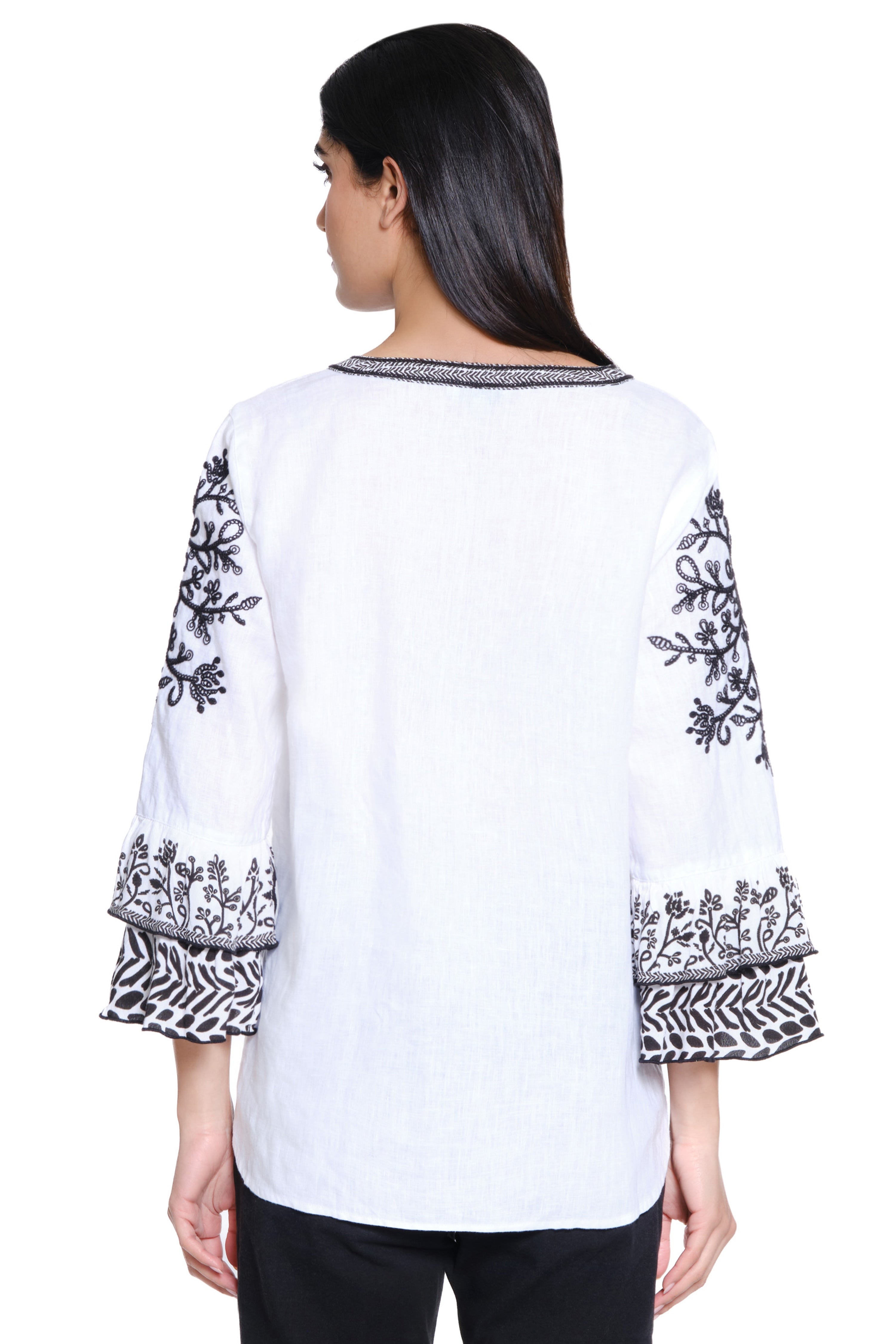 Embroidered Split Neck Tunic - Black/White