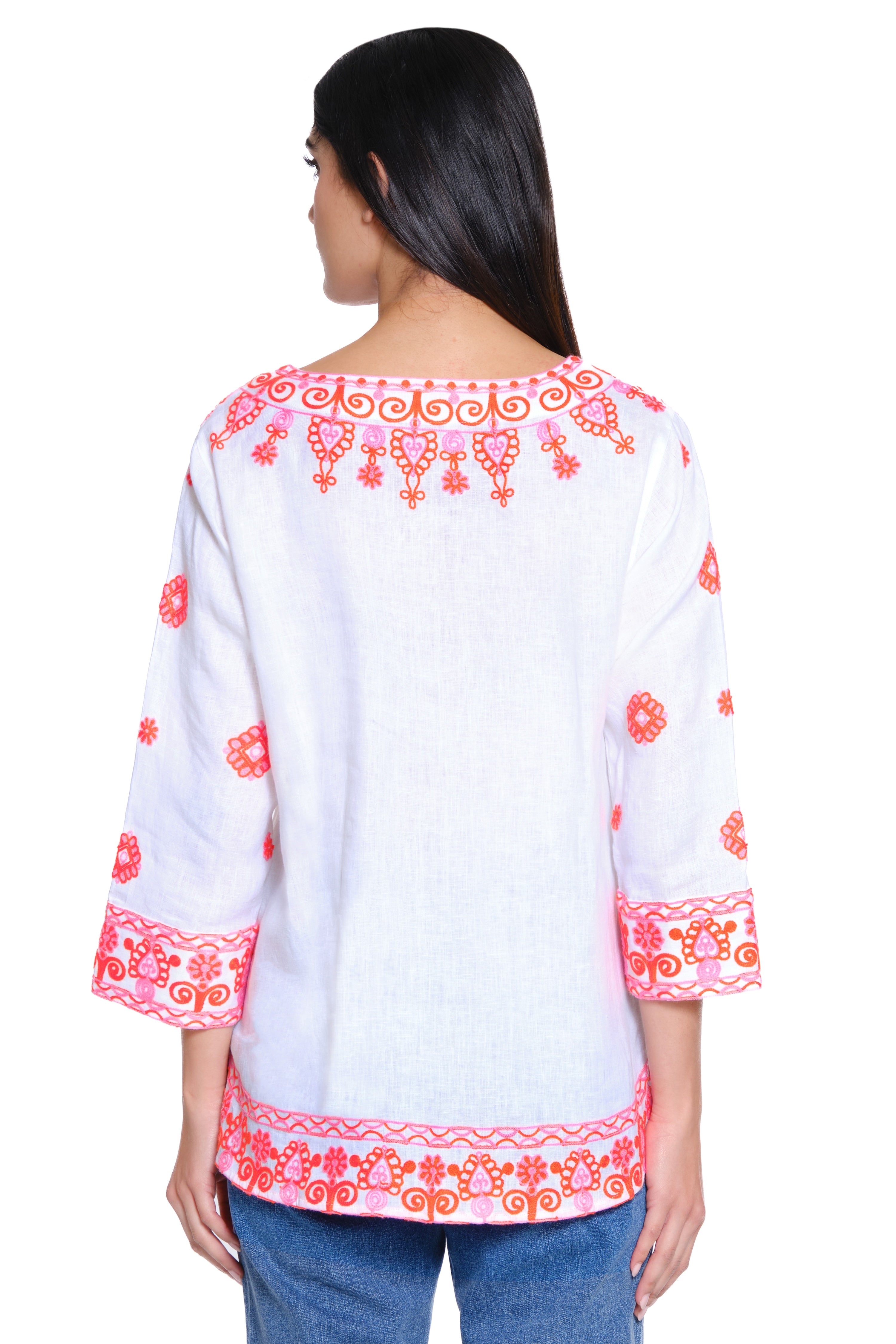 Embroidered Linen Tunic with Split Neck - Petite - White