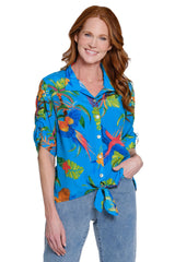 Tropical Print Button-Down Tie-Front Blouse - Petite - Malibu