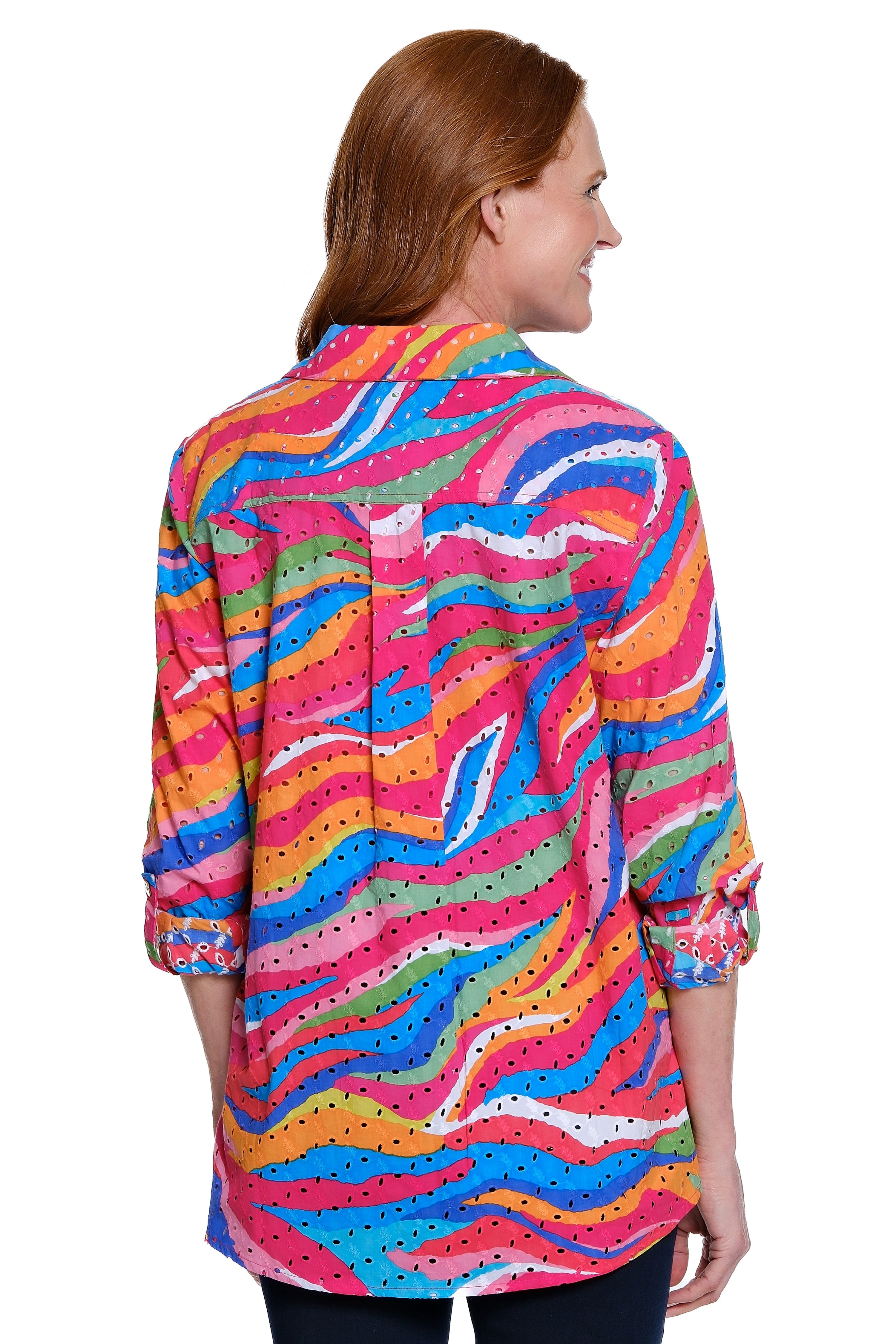 Watercolor Print Eyelet Button-Front Shirt - Plus - Multi