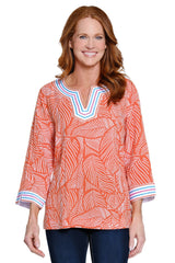 Split Neck Pull-On Top with Embroidered Trim - Plus - Leaf Print
