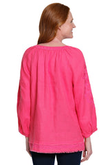 Embroidered Split Neck Linen Tunic - Petite - Melon Red