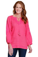 Embroidered Split Neck Linen Tunic - Petite - Melon Red