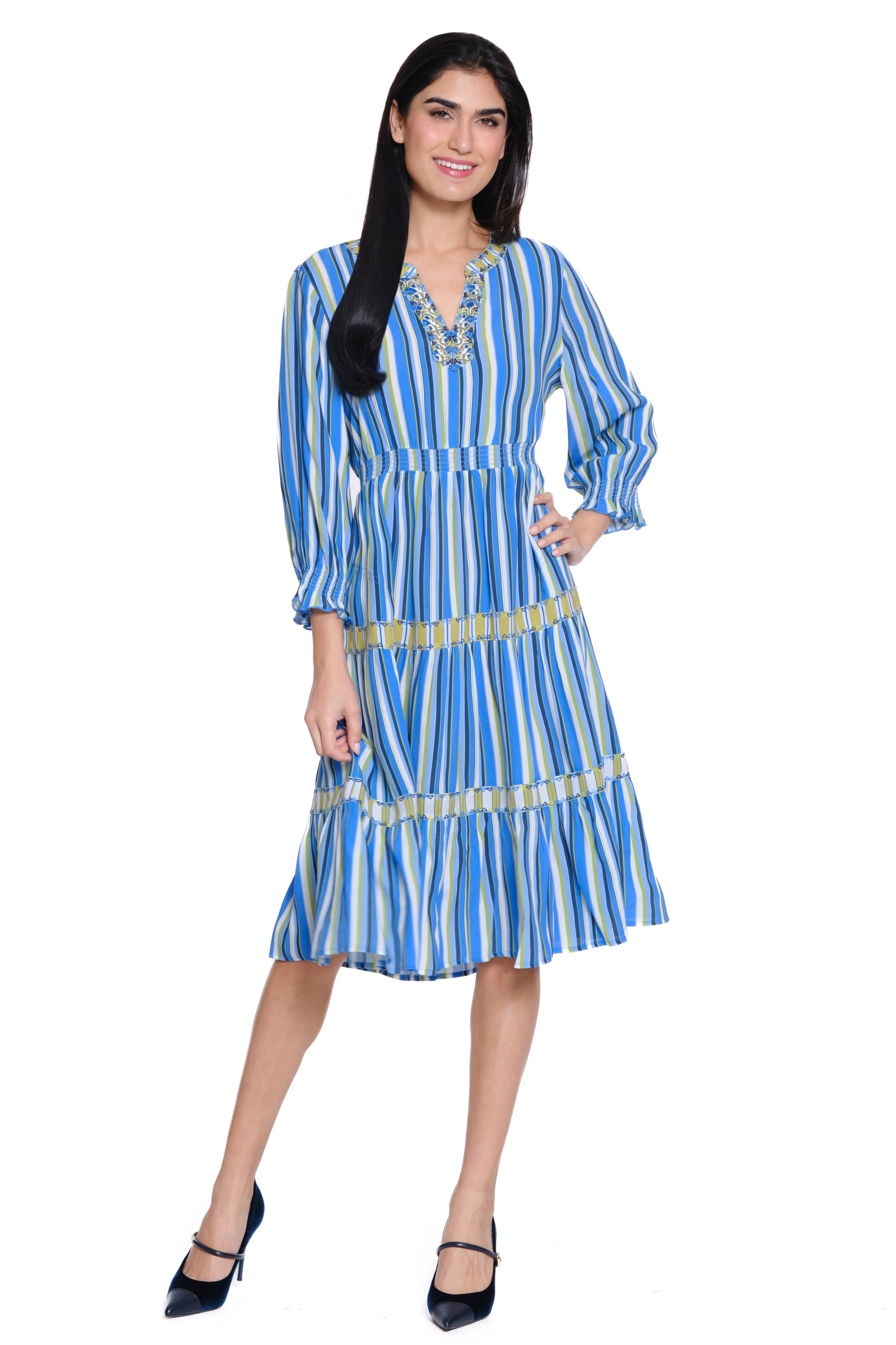 Printed Tiered Popover Dress with Embroidered Details - Blue Stripe