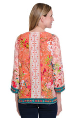 Embroidered V-Neck Top - Petite - Melon Print