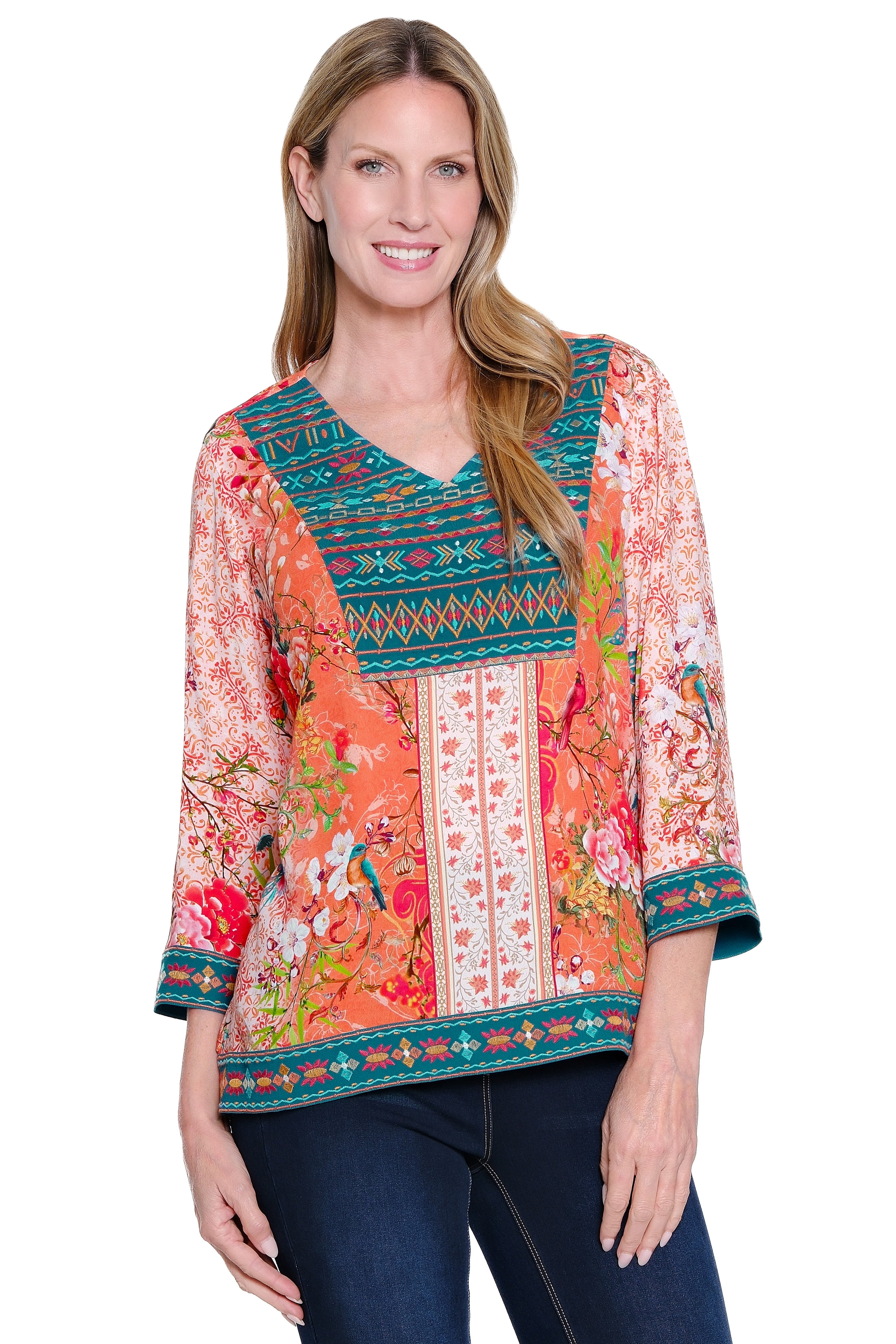 Embroidered V-Neck Top - Melon Print