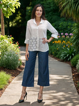 Mixed Eyelet Patched Button-Front Top - Petite - White