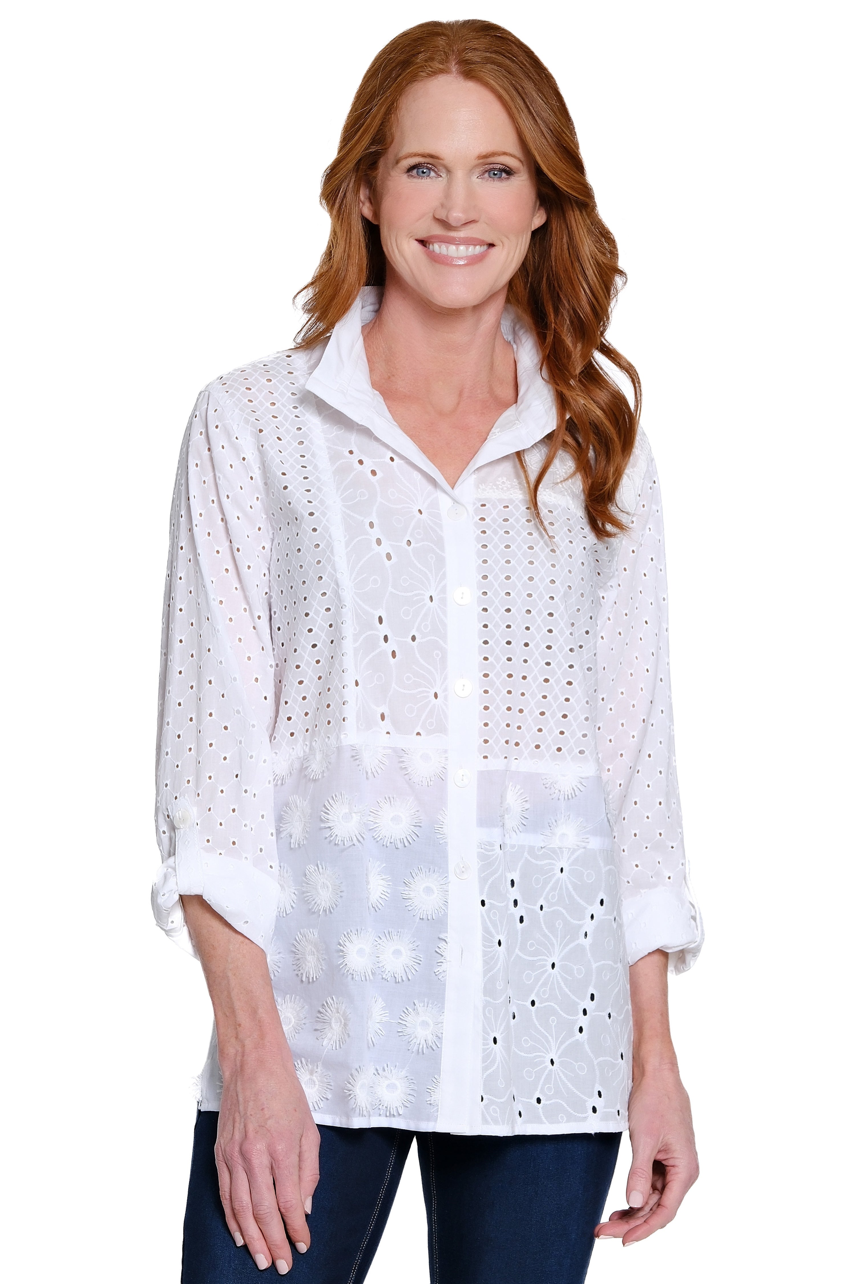Mixed Eyelet Patched Button-Front Top - Petite - White