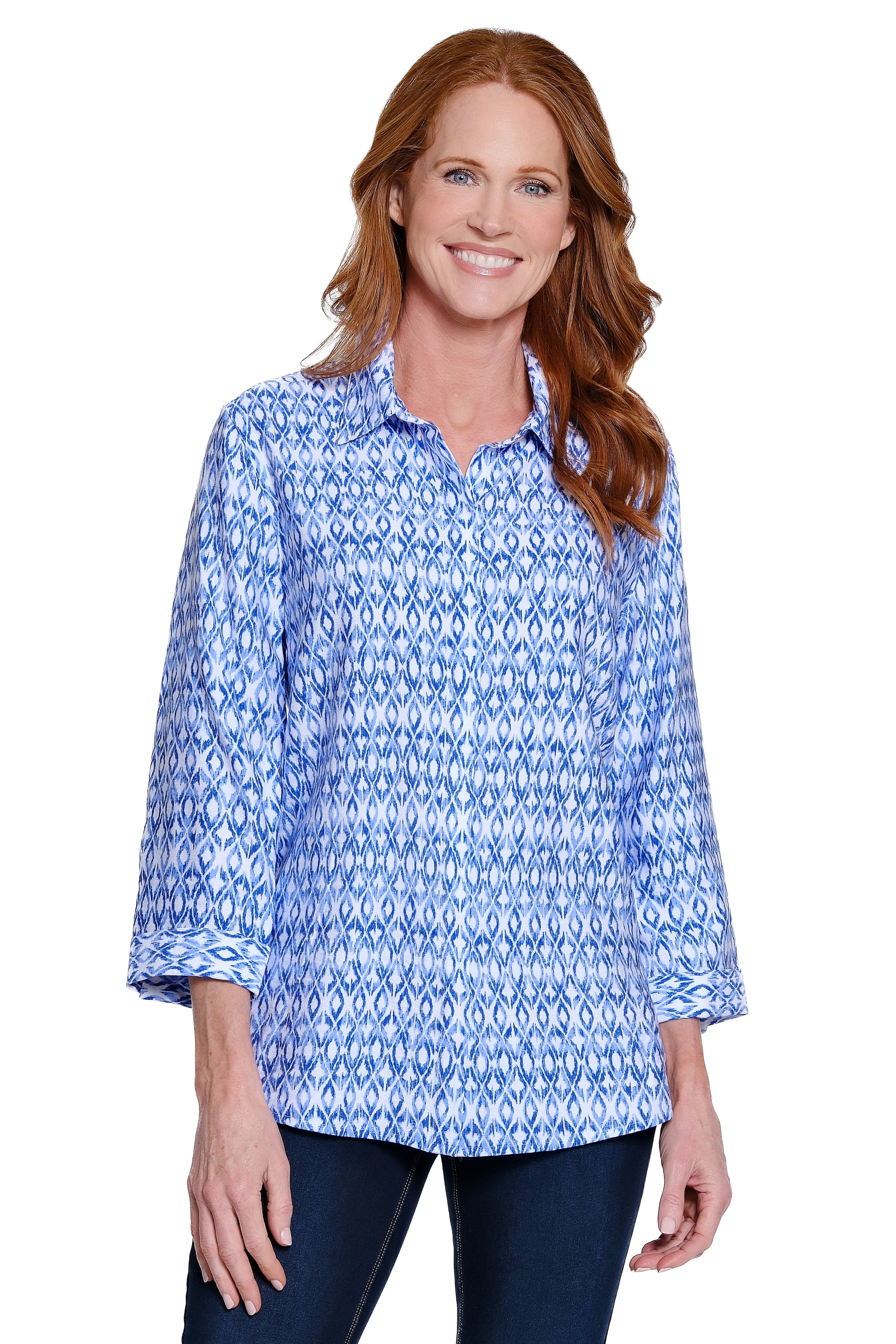 Printed Button-Front & Back Top - Plus - Blue Print