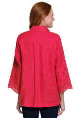 Linen Top with Embroidered Eyelet Sleeves - Plus - Vivid Red