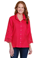 Linen Top with Embroidered Eyelet Sleeves - Petite - Vivid Red