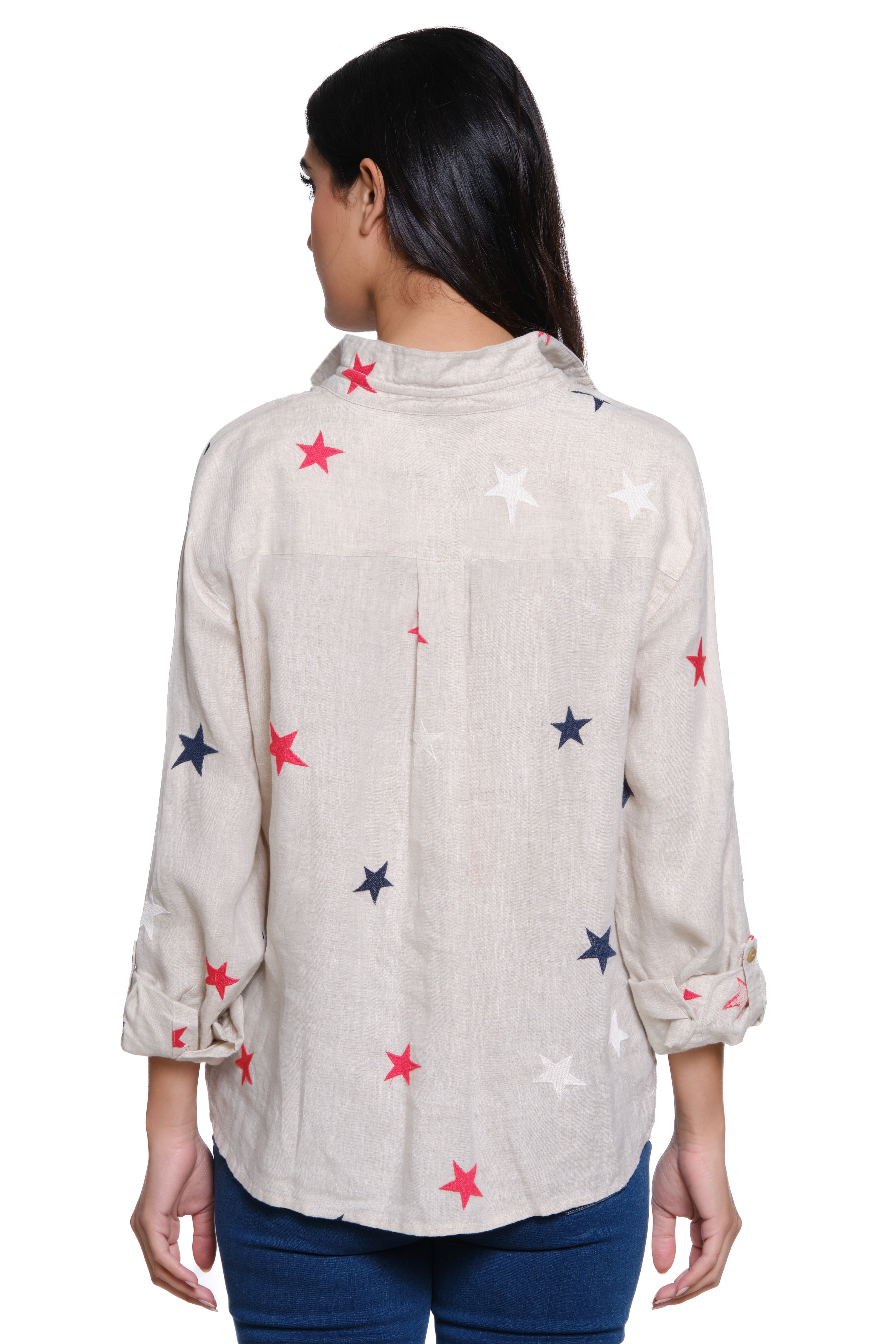 Star Embroidered Linen Tie-Front Top - Petite - Flax